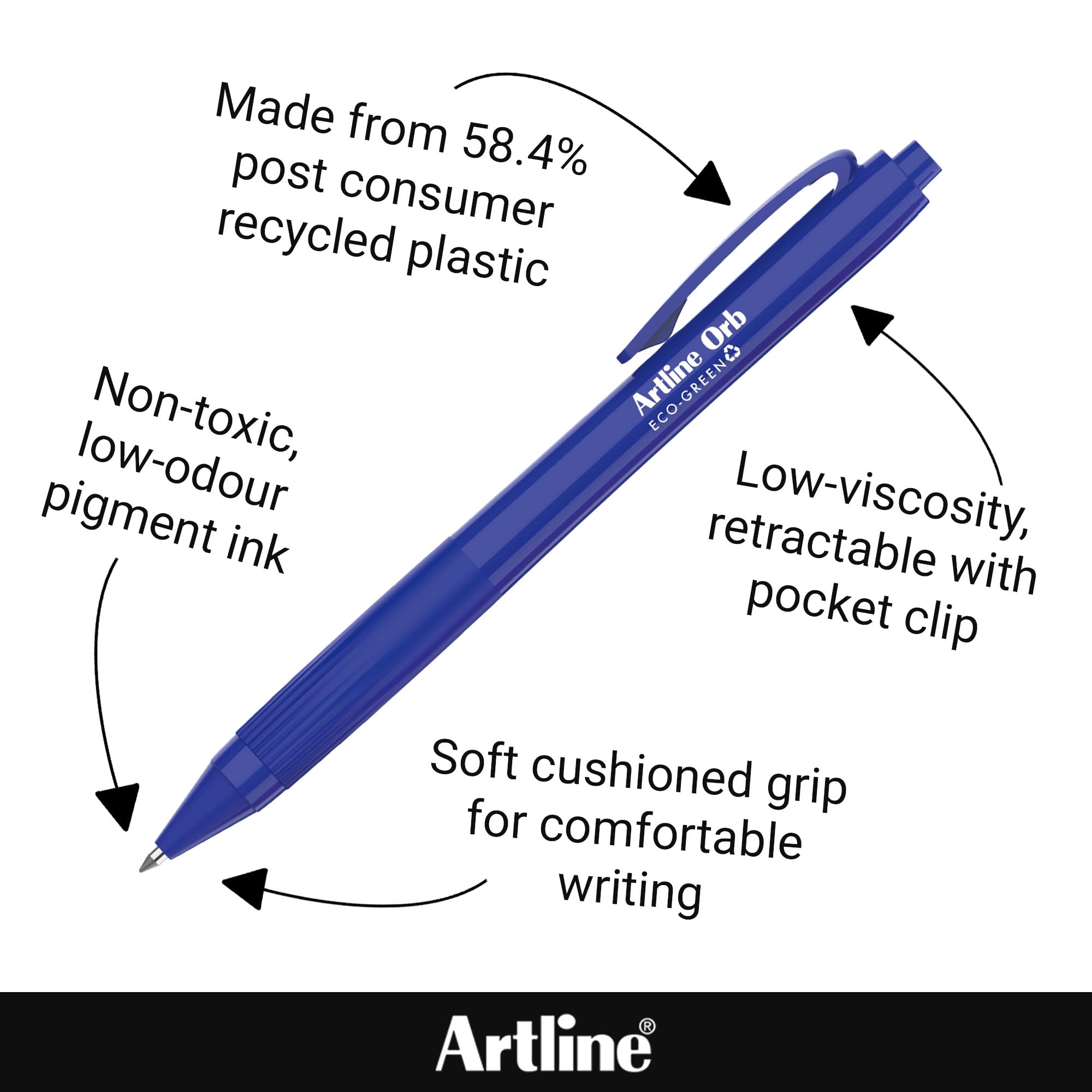 Artline Eco Orb Blue Ballpoint Pens (Pack of 12) Super Smooth Pen with 1mm Nib, Sturdy Pocket Clip, Cushion Grip, Retractable - Genuine Stationery Supplies - Image 4