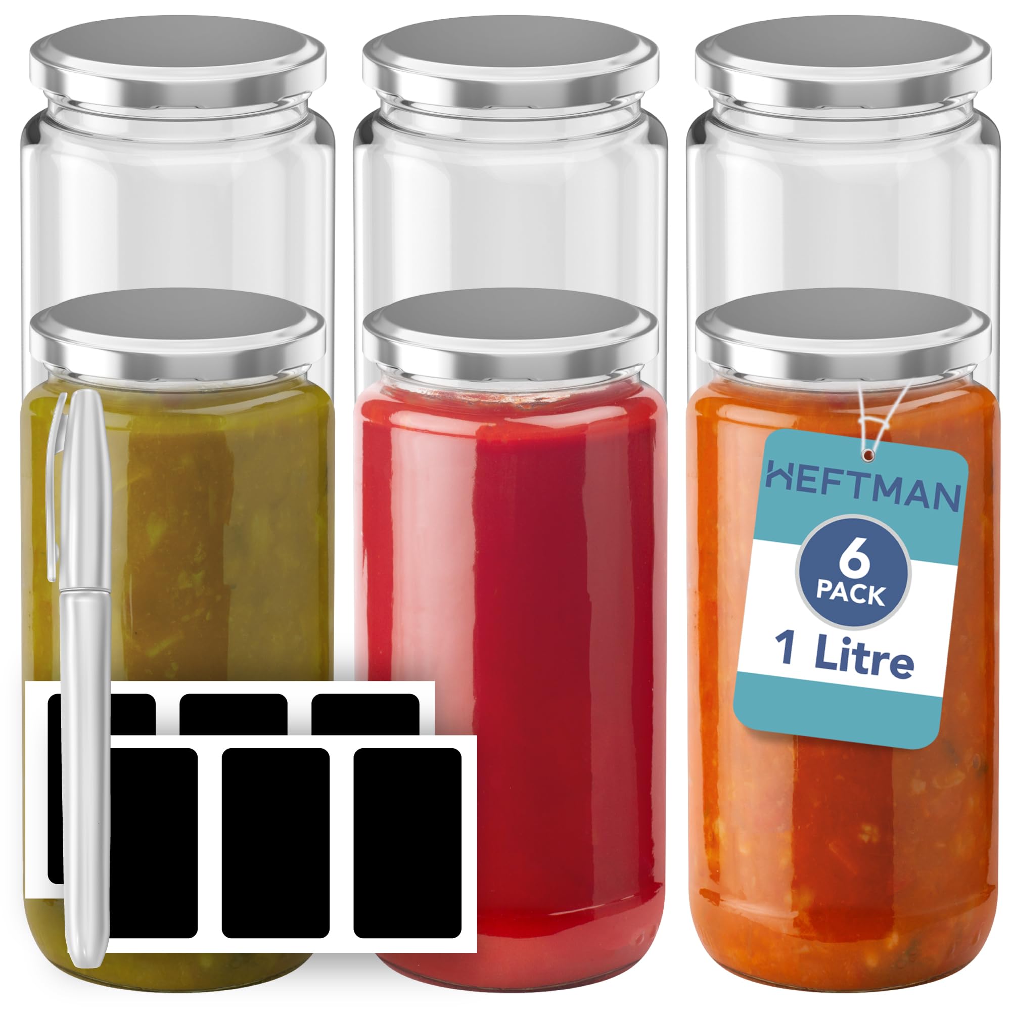 Heftman Transparent Glass Jars With Lids - 6 Pack, 1L Jam Jars With Silver Airtight Lids, Glass Jar Set For Overnight Oats, Jams, Chutney, Pickling, Preserving, Food Storage, Kitchen Organisation (1 Litre)