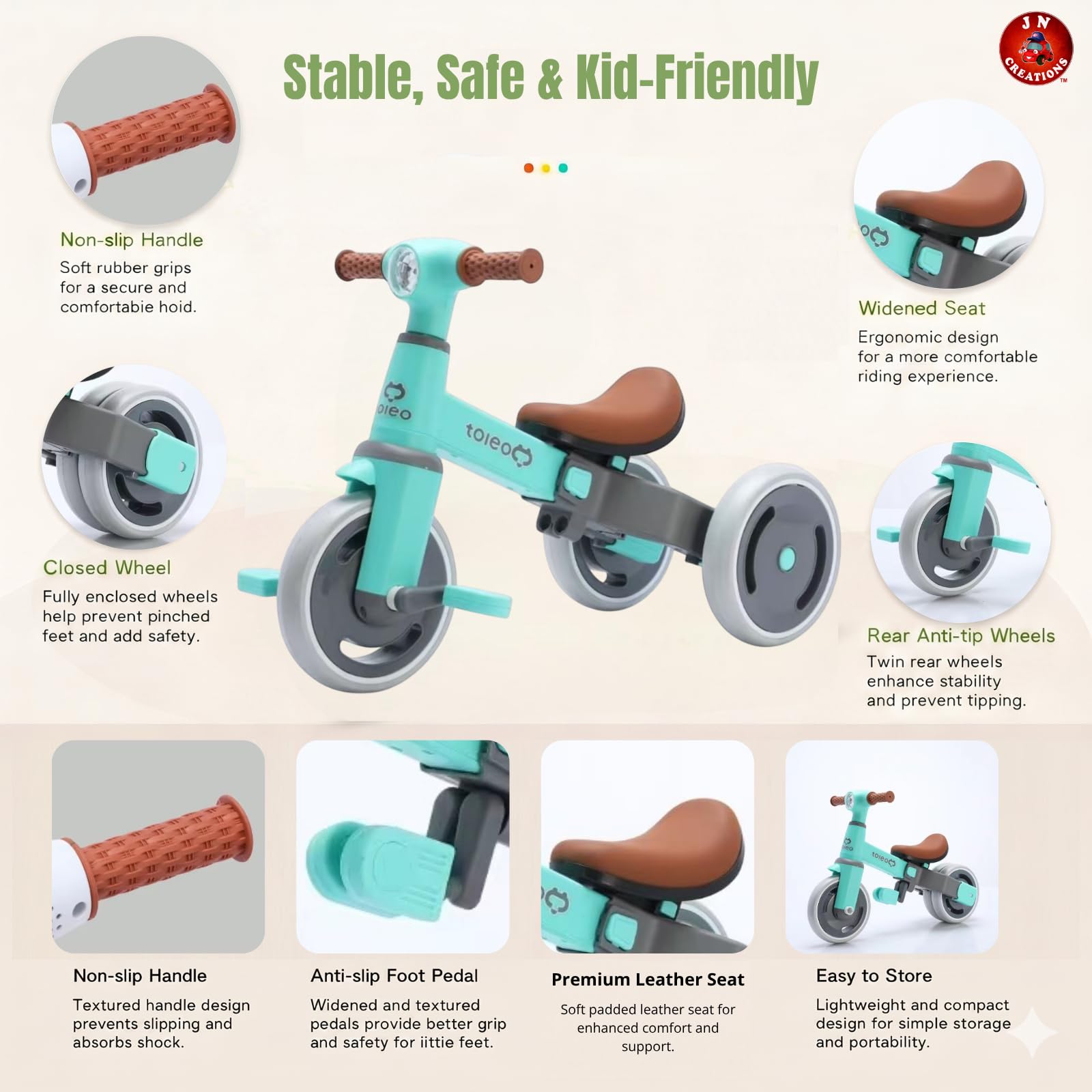 JN Creations 3-in-1 Toddler Tricycle | Slide, Pedal & Balance Bike for Kids | Leather Seat, Silent Wheels & Sturdy Frame | Ideal for 10 Months to 3 Years (Tiffany Blue)