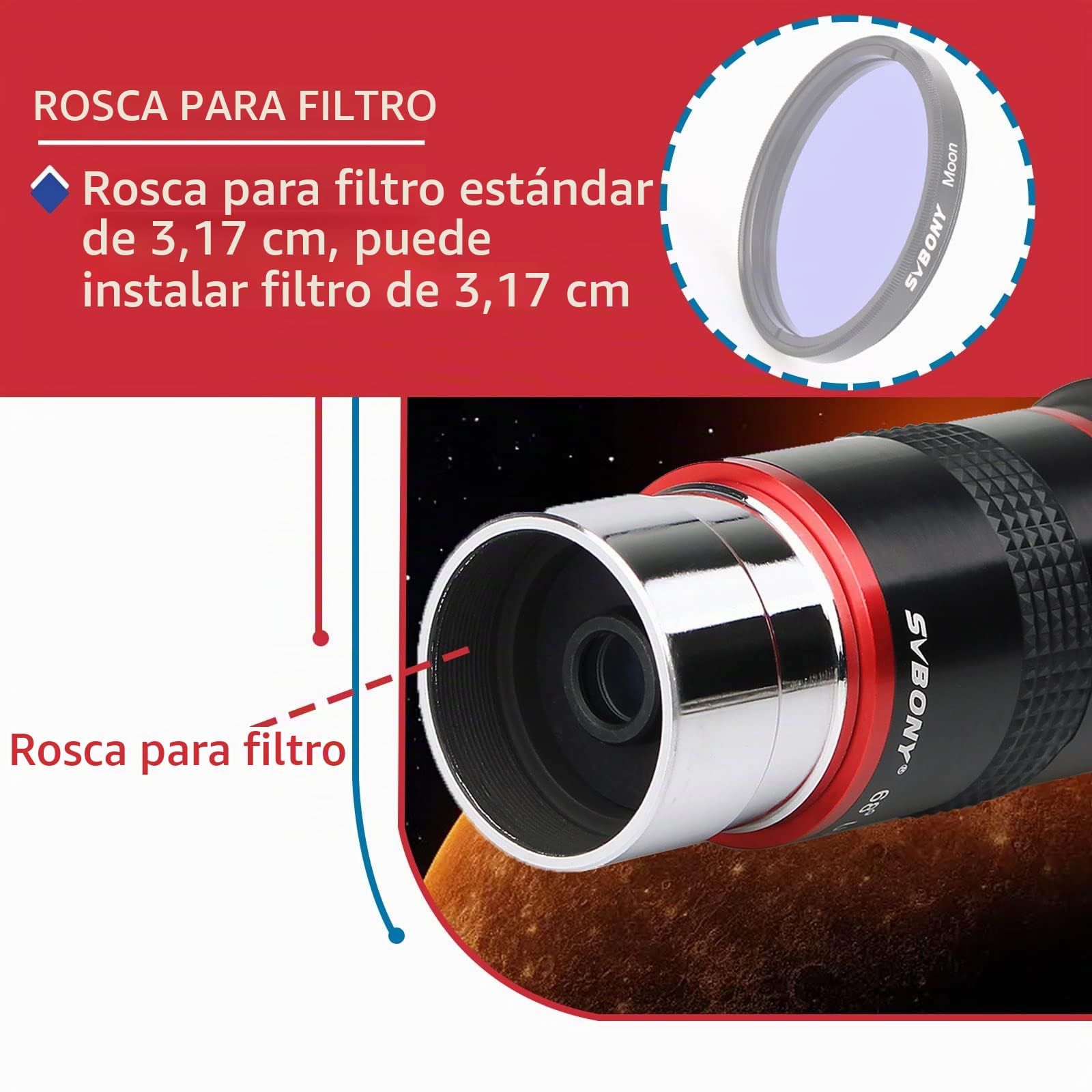 Svbony Ocular para Telescopio de 6 mm, Ocular Gran Angular de 68°, Ocular Planetario de 1,25", Accesorios para Telescopios Astronómicos con Lente FMC, para La Observación del Luna