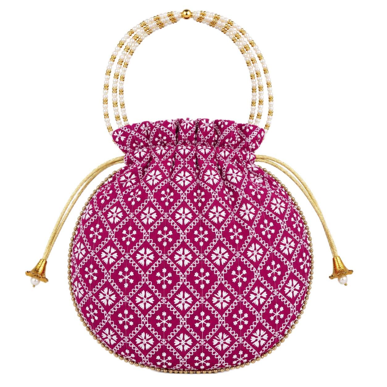 Chikankari Embroidery Potli Bag for Women, Pink Cotton Festival Handbag 9x9 Inch-image-48