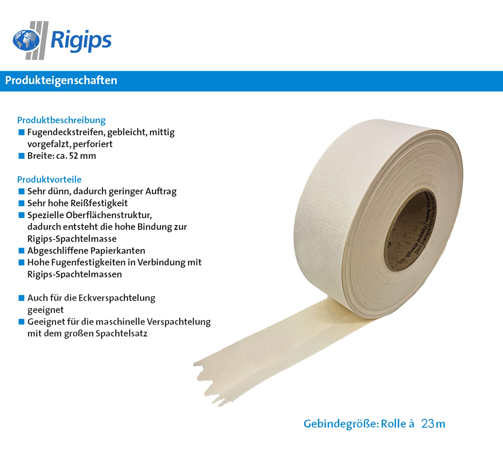 Rigips® Papier Fugendeckstreifen [52mm x 23m Rolle] Papier-Bewehrungsstreifen Reißfest | Fugenband für Gipskartonplatten im Trockenbau