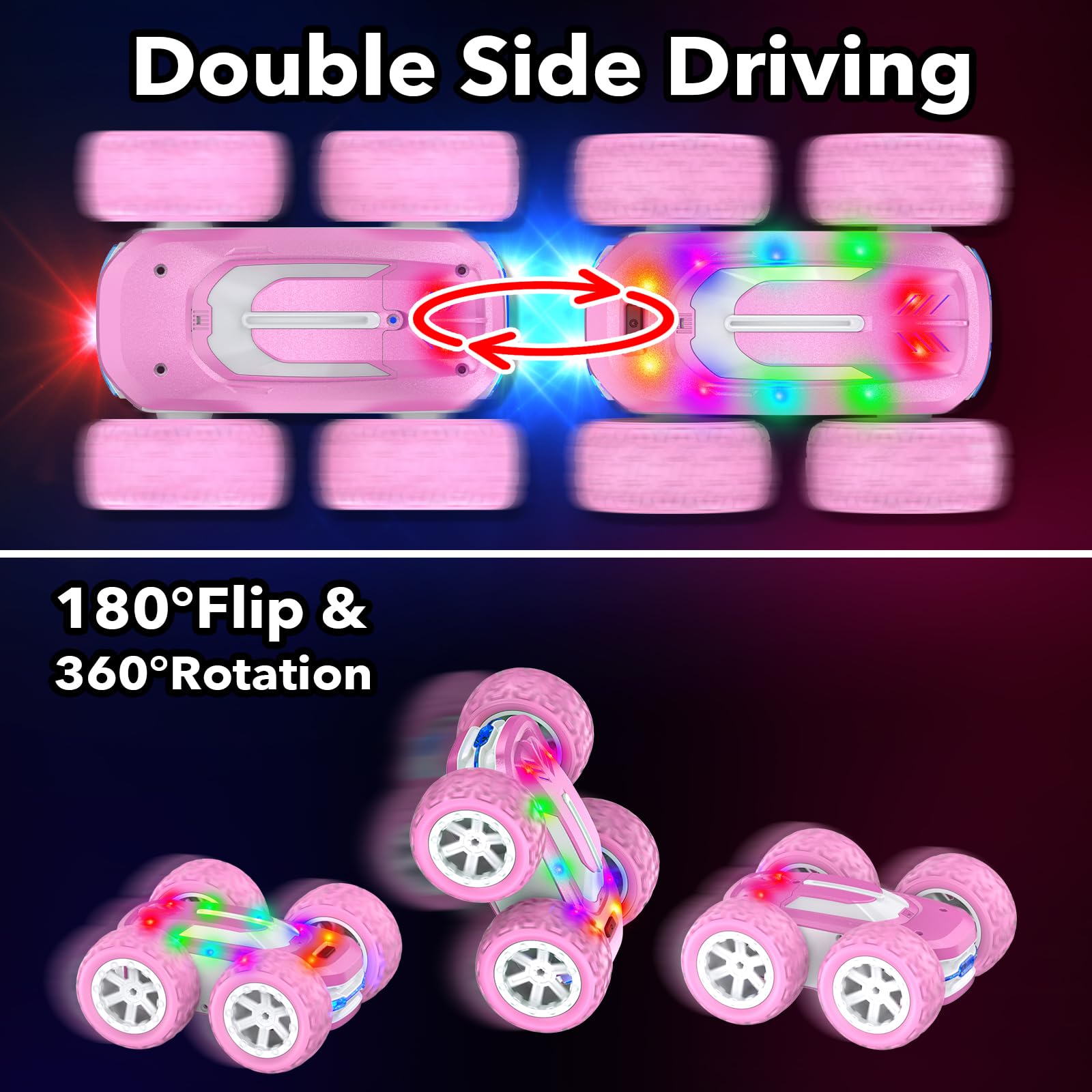 Macchina Telecomandata Bambina, 4x4 Acrobatica Macchinina con LED, RC Auto Radiocomandata Remote Control Car Giocattoli, Compleanno Regalo Bambini 6 7 8 9 10 Anni Giochi Bimba, Rosa Monster Truck