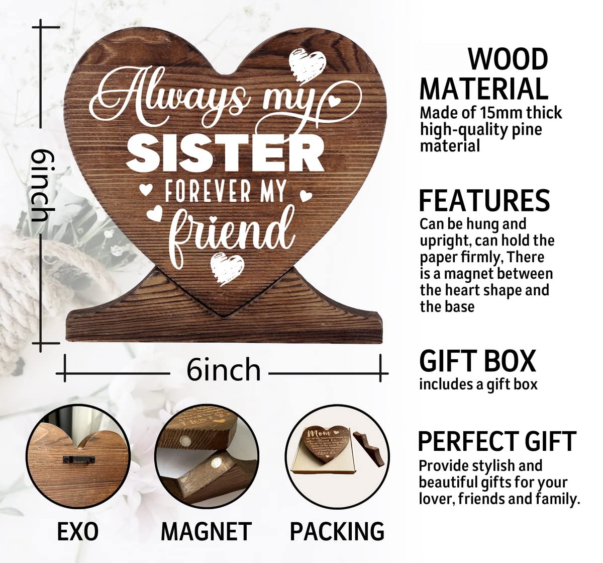 Belatelove Sister Themed Decorative Wood Sign - 7" X 8.26" Rustic Tabletop Plaque, Sentimental Gift - View #2