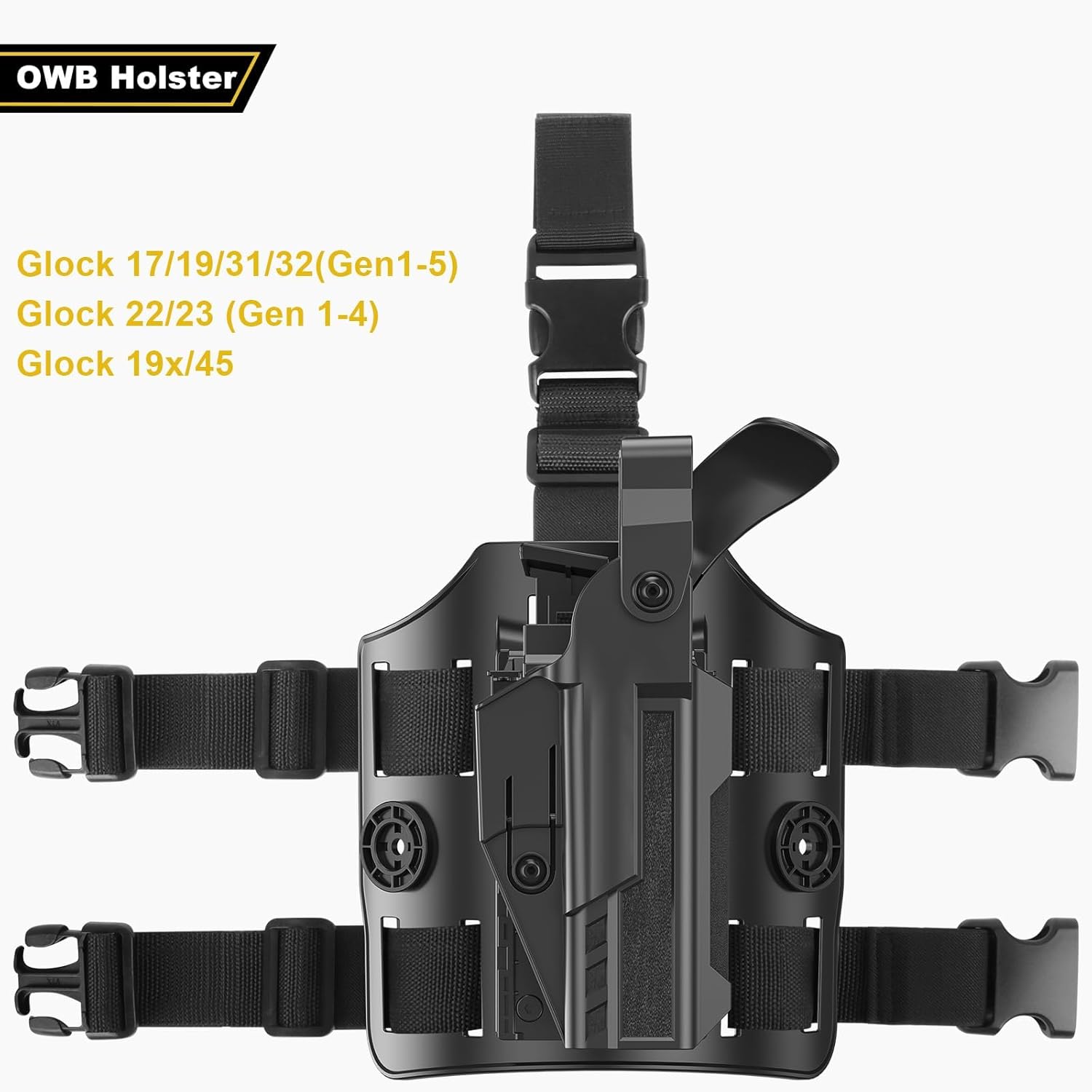 Level II Drop Leg Holster, Right Hand, Black - Glock 17, 19, 19X, 22, 23, 32, 44, 45 - OWB Paddle Holster with Adjustable Retention and Thumb Release