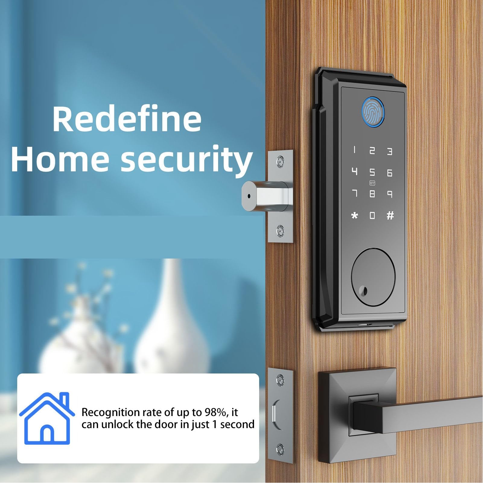 Hidyliu Tastiera per Serratura per Porta D'ingresso Senza Chiave Serratura a Catenaccio con Impronta Digitale Intelligente Biometrica Avanzata per Porta D'ingresso e Camera Letto, ABS Impermeabile e
