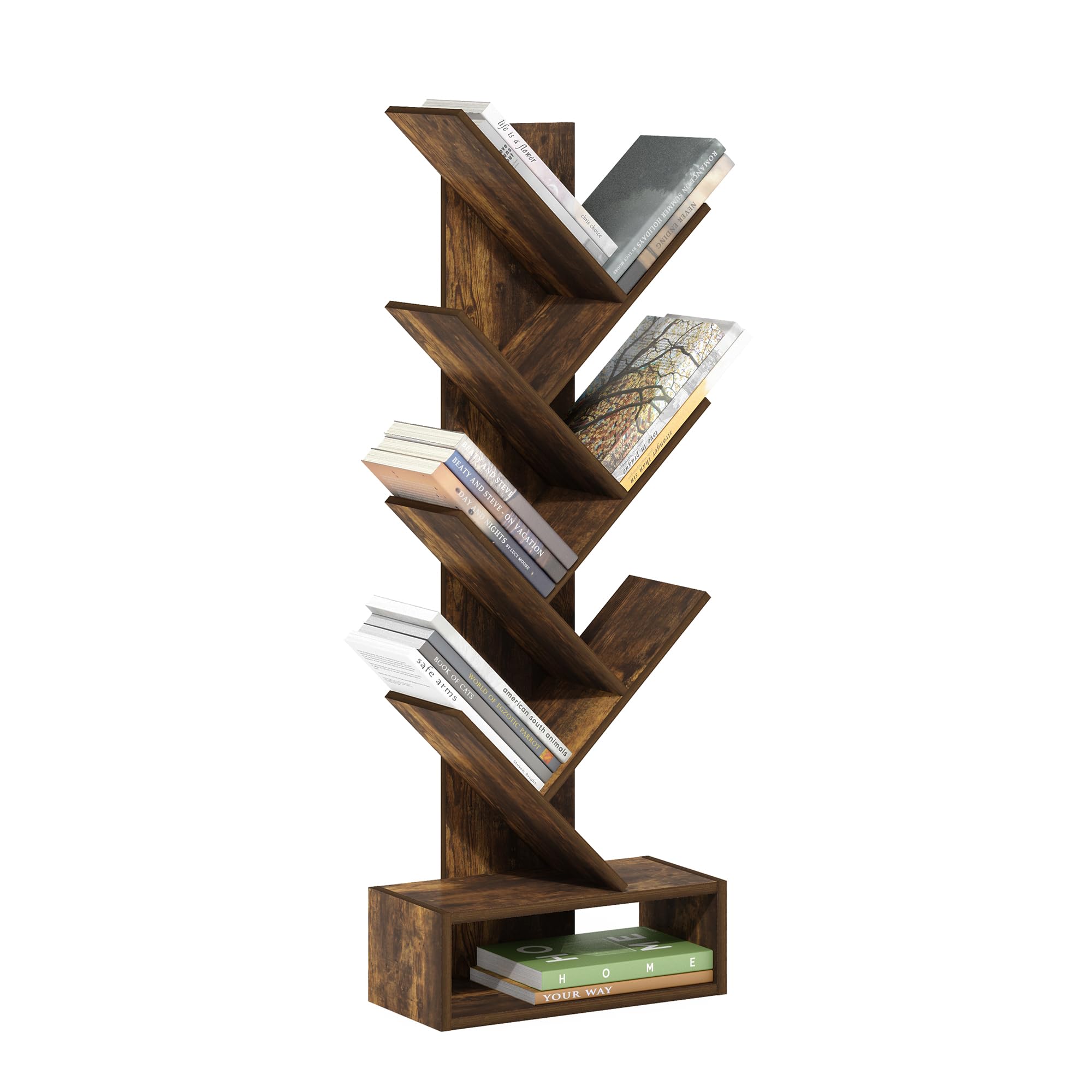 Furinno Tree Book Shelf, 7-Tier Bookshelf, Tree Bookcase with Bottom Shelf, 8.4 x 16.9 x 46.2, for Living Room, Bedroom, Home Office, Amber Pine