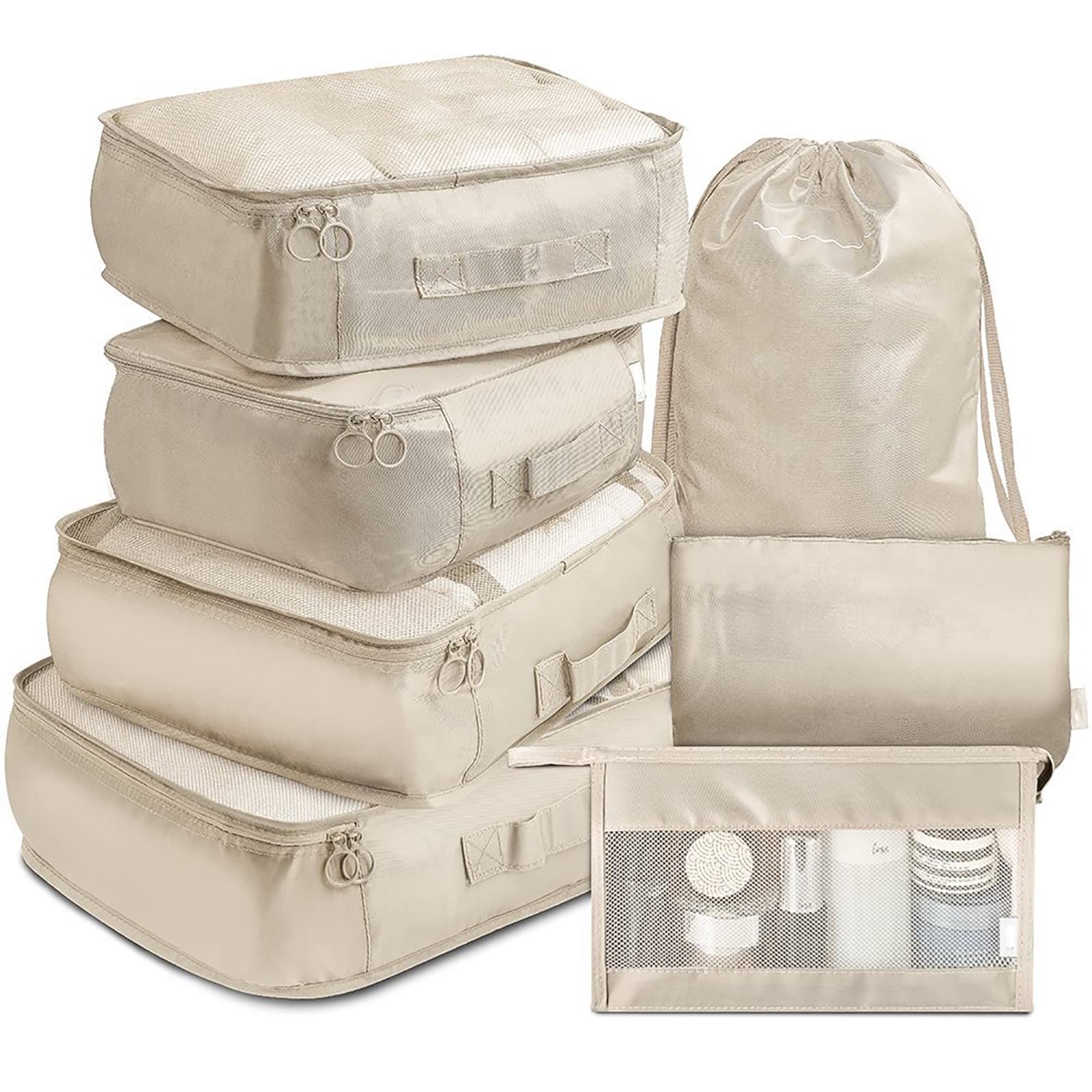 Packwürfel, 7 Stück, Dicke Reise-Organizer, Packtaschen, Reisegepäck-Pack-Organizer mit Schuhbeutel, cremefarben, S