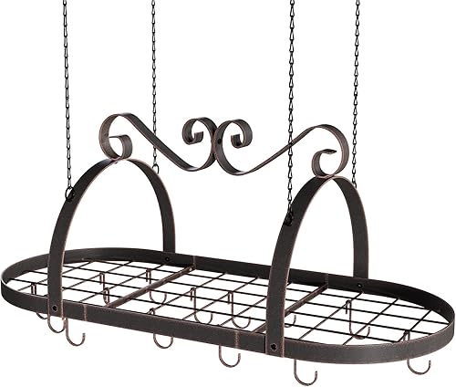 Miniatura 8 de Estante colgante para ollas, soporte de techo de metal de 33 pulgadas con 15 ganchos en S, estante de almacenamiento ovalado para ollas y sartenes,