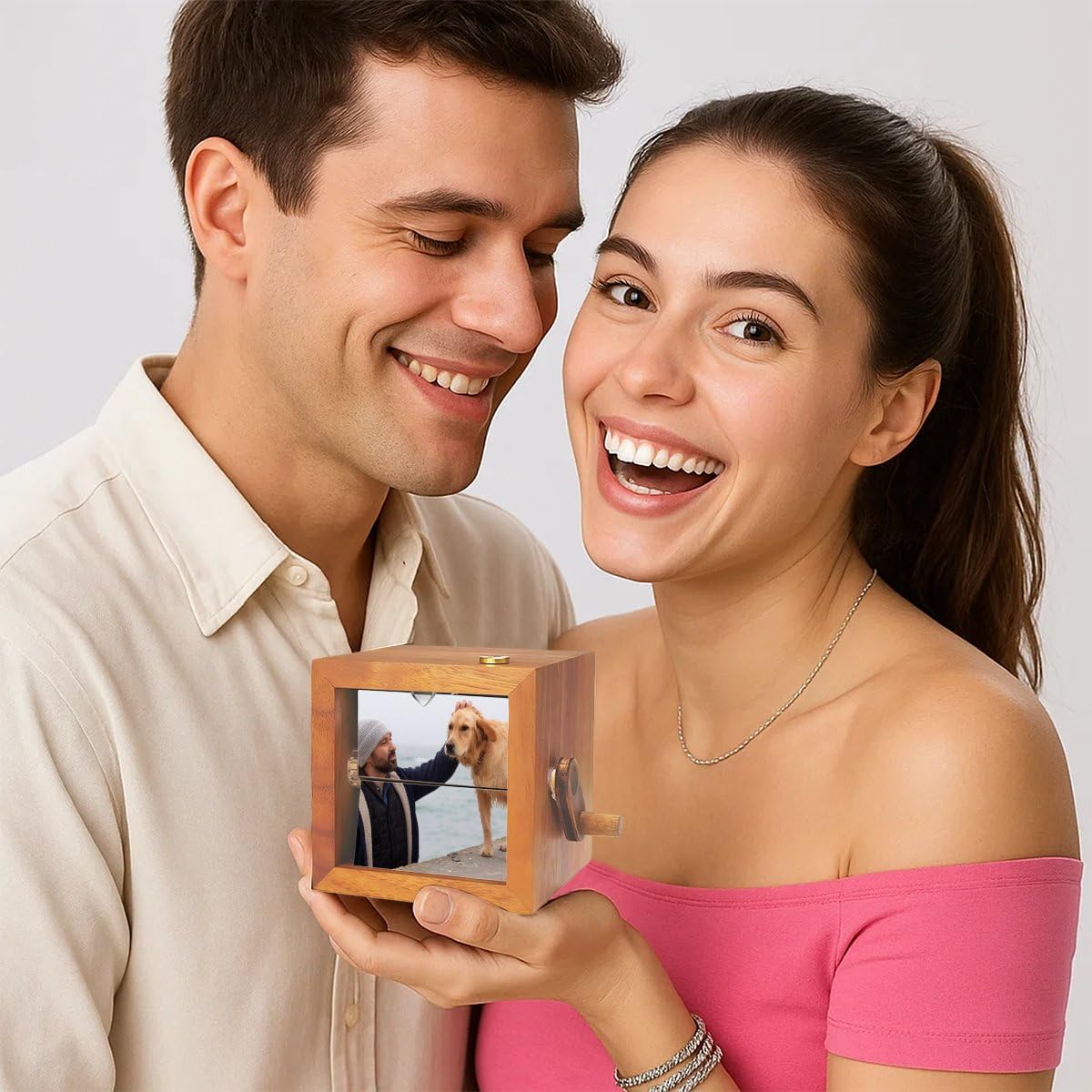 Personalisierte Holz-Fotobox – benutzerdefiniertes Flip-Buch mit Handkurbel, mit Licht, drehbarem Memory-Rahmen, ideales Geschenk für Männer, Frauen, Geburtstag, Hochzeit, Weihnachten