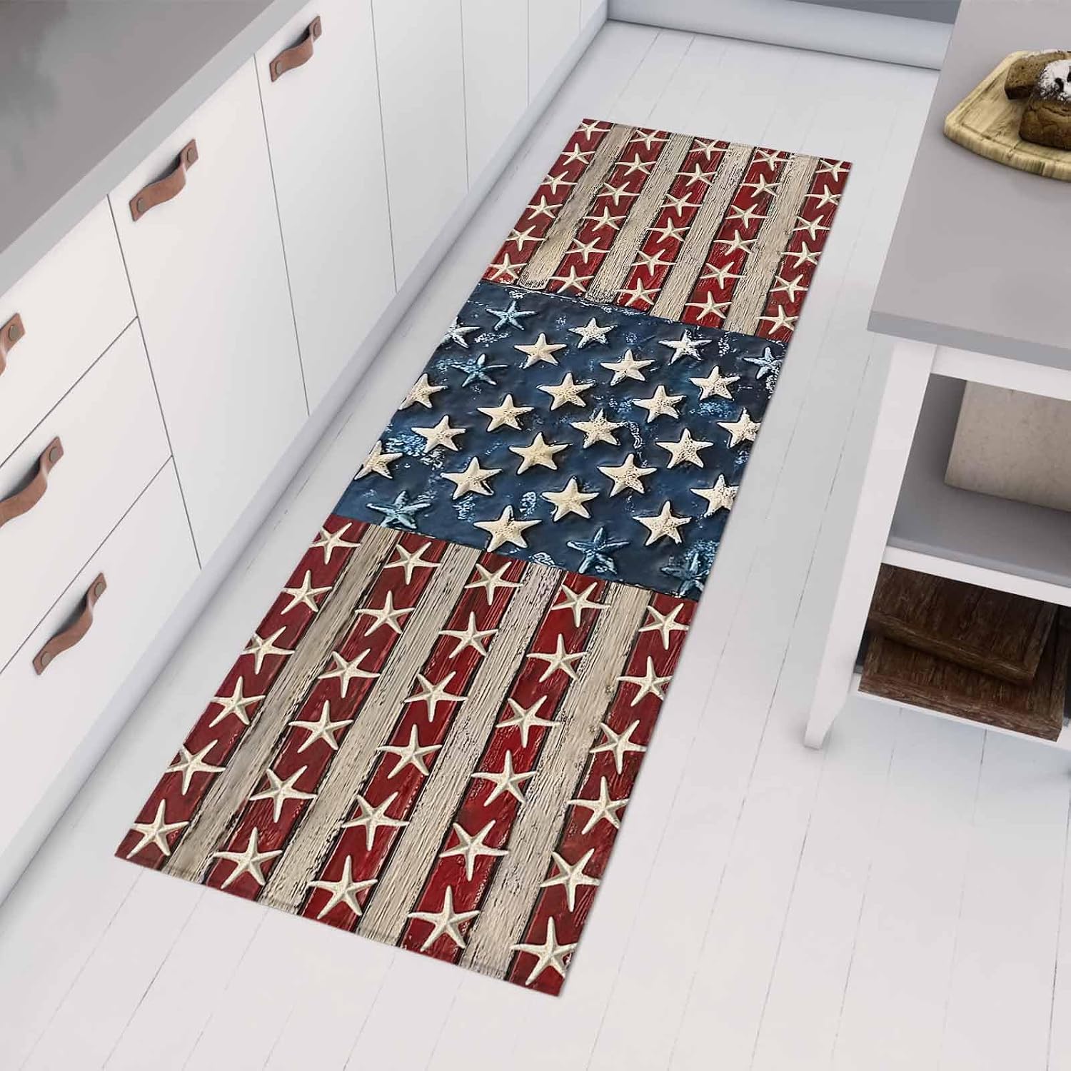 Kitchen Mats for Floor Vintage American Flag Wood Grain Washable Non Slip Kitchen Rugs 1PCS, Ocean Starfish Star and Stripe Absorbent Standing Mats for Sink Bathroom Office Living Room 23.6x70.9in