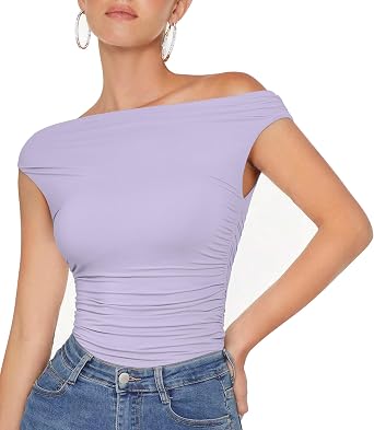 OMKAGI Women One Off Shoulder Y2K Tops Double Lined Slim Fit T Shirts Basic Tees