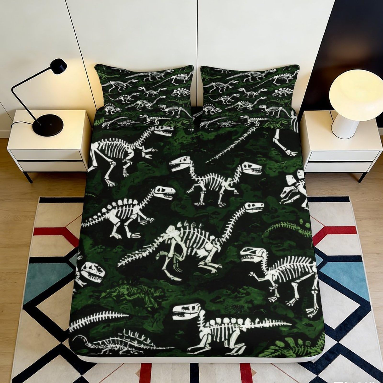 3D Printed Dinosaur Skeleton Fitted Sheet Microfiber Green Forest Bed Cover for Bedroom Guest Room Mattress Protection 120x200x25cm