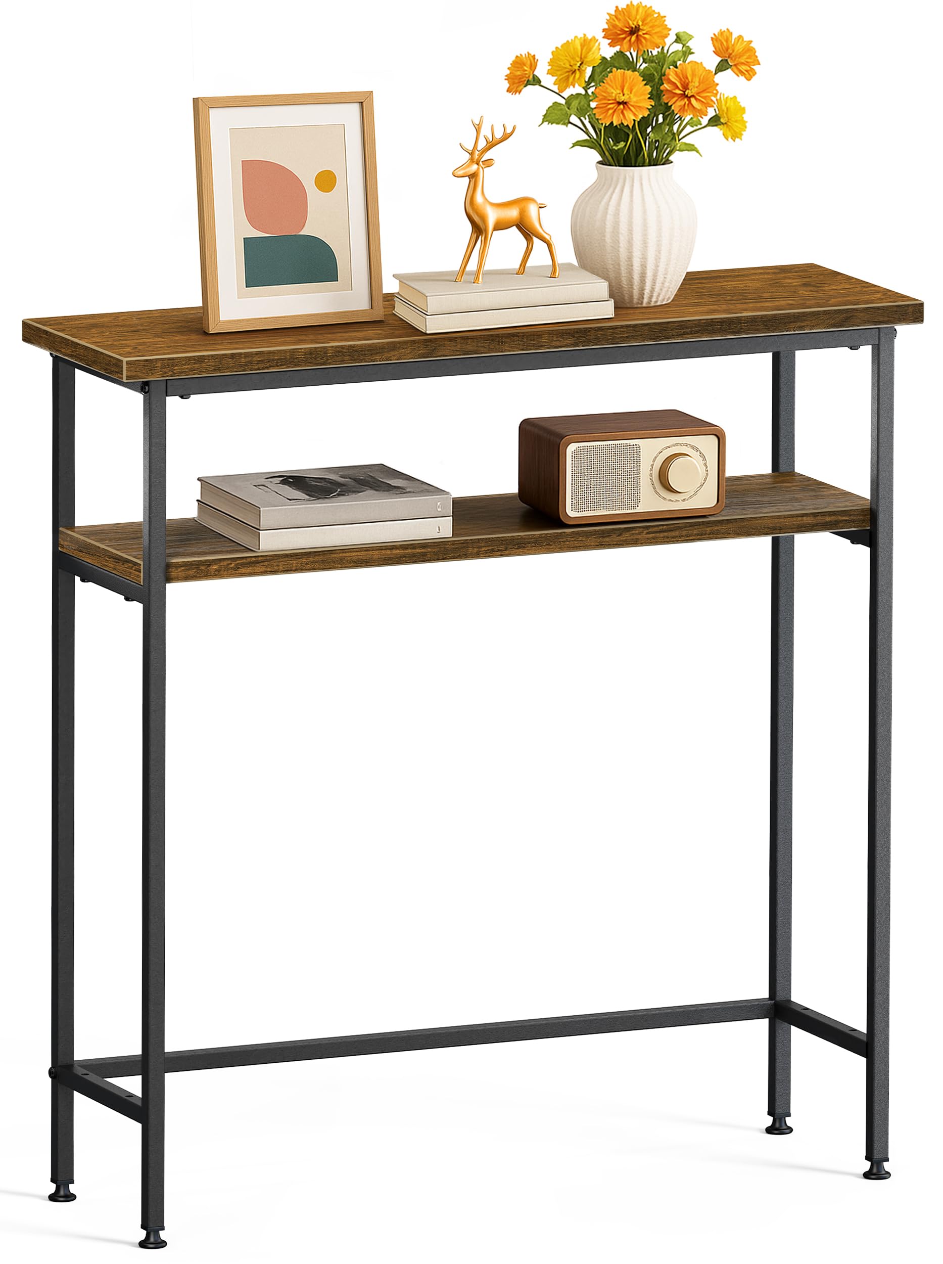 VOUNOT® Narrow Console Table, 2- Tier Slim Metal Frame Entryway Table, Small Sofa Side Table with Storage Shelf for Hallway, Living Room or Bedroom, 80x24x80 cm, Brown