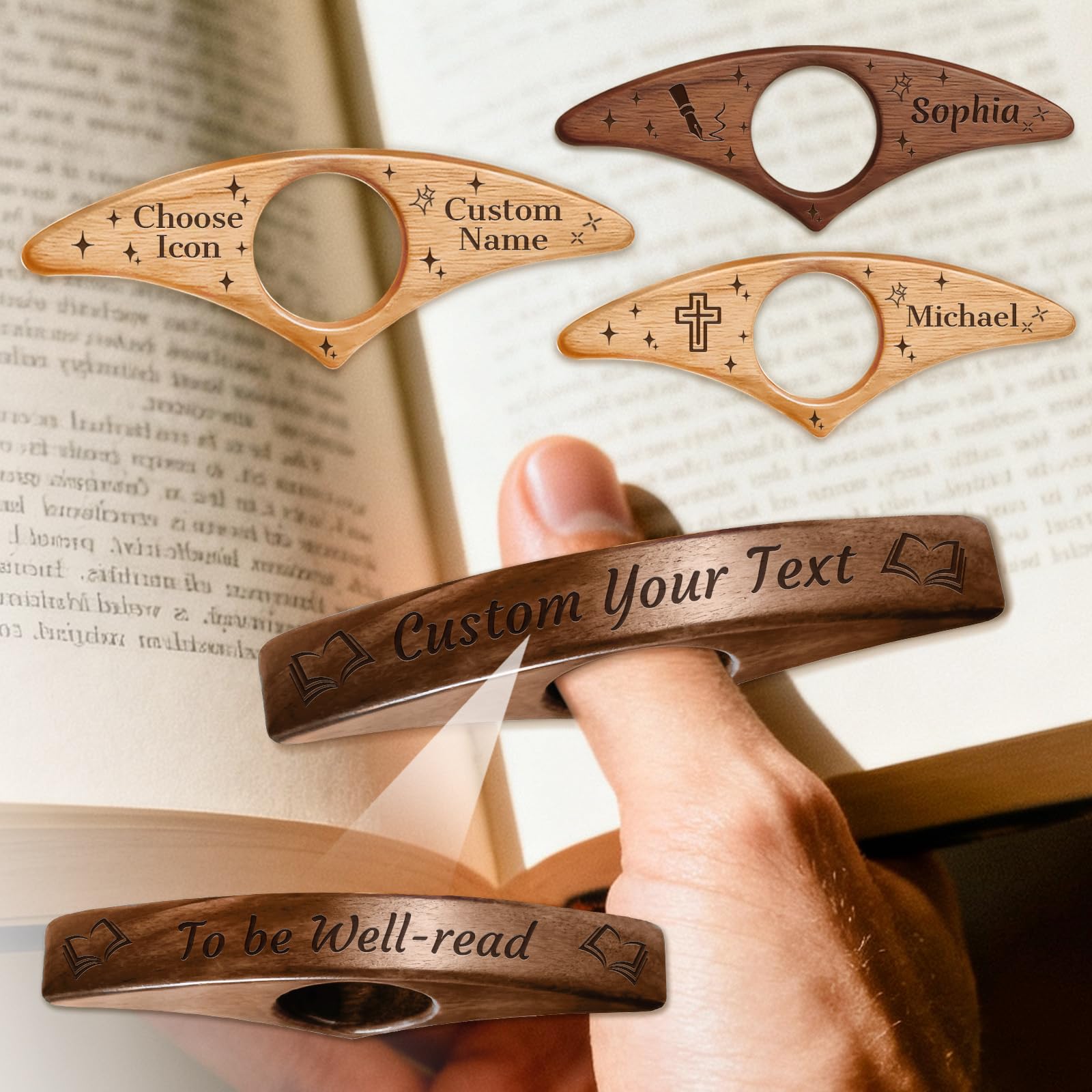 Lamdiy Custom Wood Thumb Book Page Holders for Reading, Personalized Wooden Book Page Holder Customized Book Finger Page Holder, Personalized Book