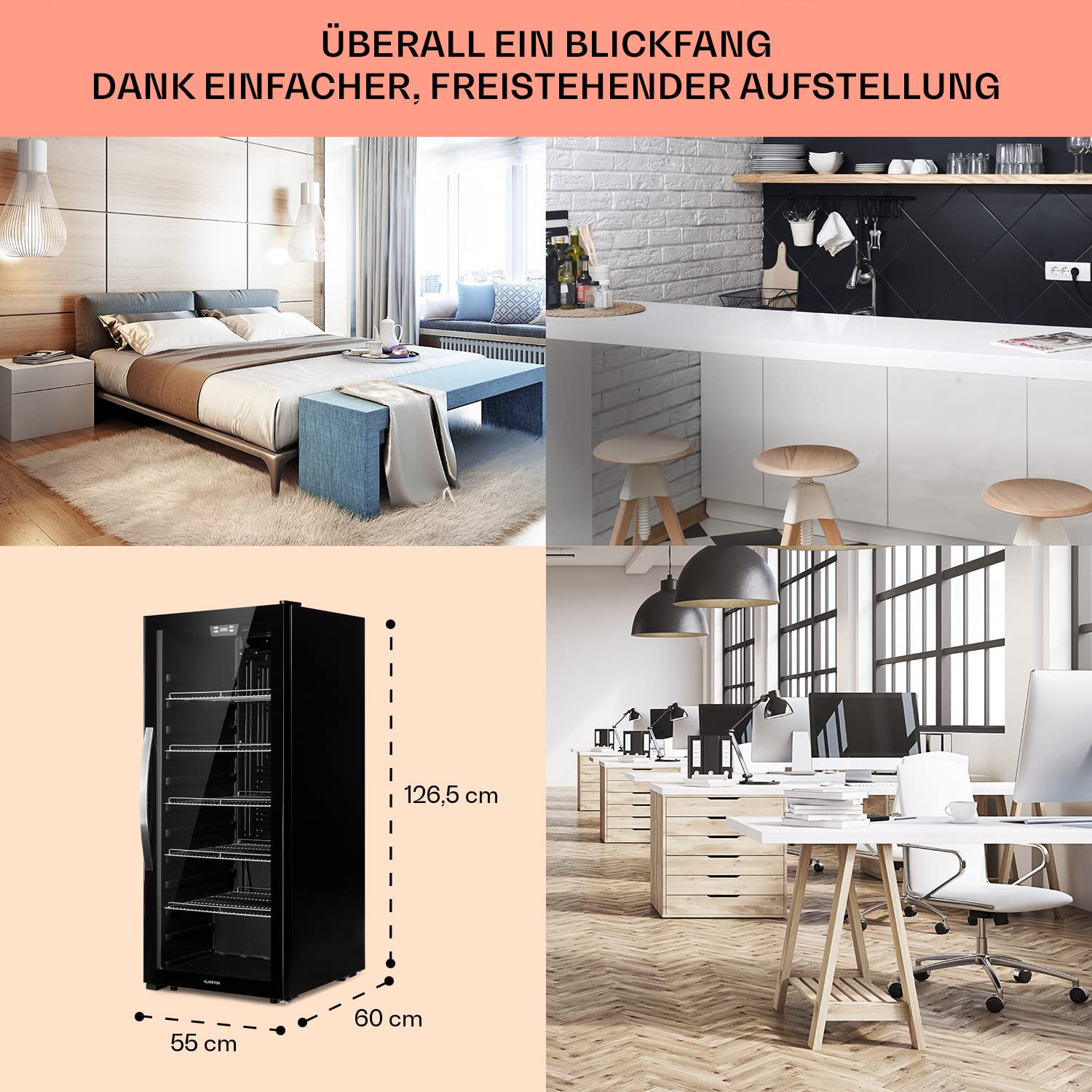 Klarstein Beersafe Getränkekühlschrank 242 L – Kühlschrank mit Glastür, Schwarz | LED-Beleuchtung, herausnehmbare Metallablagen, leise, Flaschenkühlschrank für Getränke & Dosen