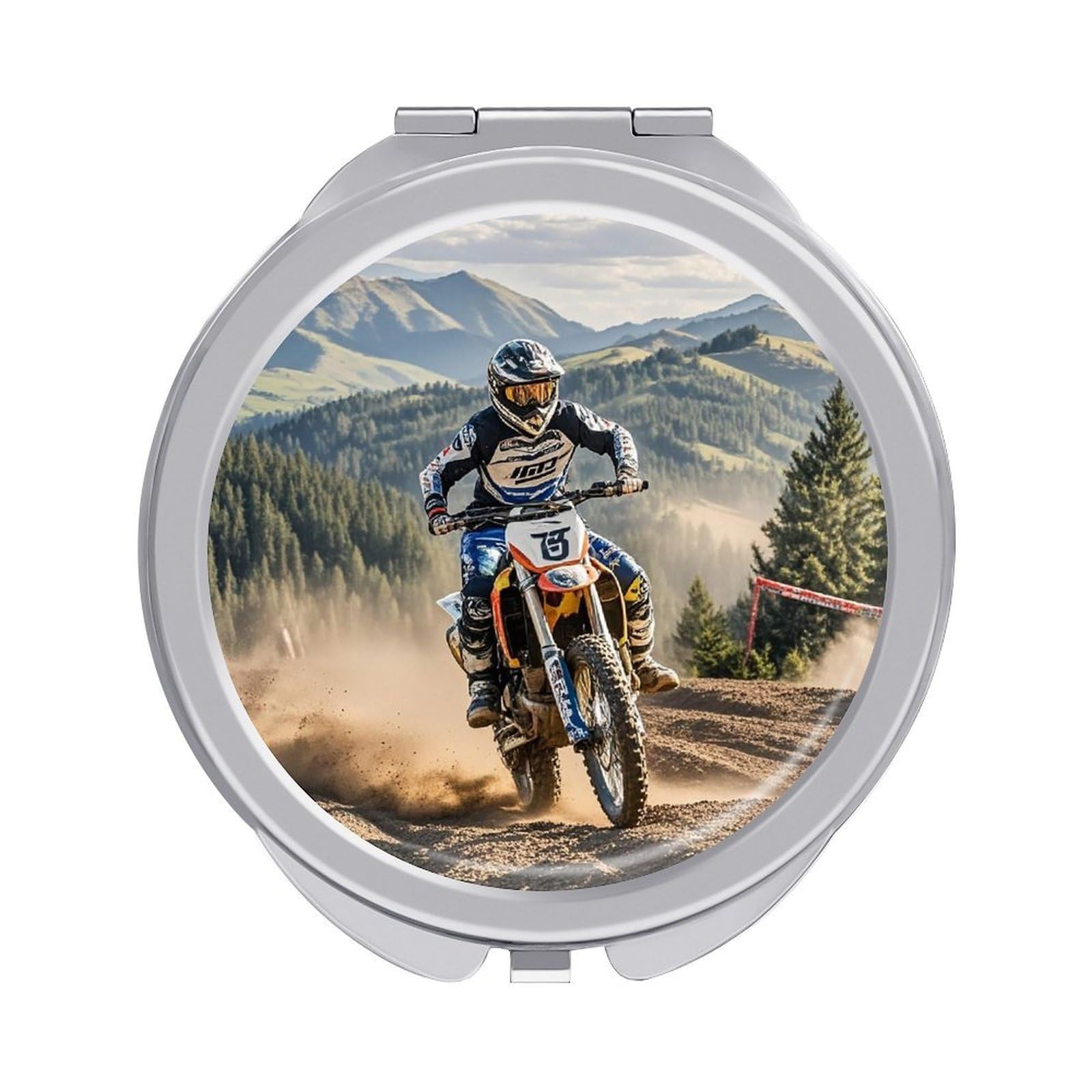 FekiLoot Motocross Travel Makeup Mirror for Women Folding Portable Hand Compact Mirrors Small Round Vanity Mirror 1X/2X Magnifying Metal Pocket Makeup Mirrors