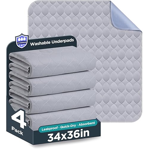 Washable Bed Pads 34" x 36" - 4 Pack, Grey, Waterproof Bed Pads for Incontinence, Bed Wetting Pads for Bed, Sofa, Floor, Resuable Underpads for Adults, Seniors, Pet