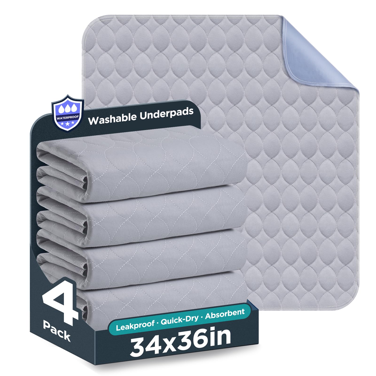 Washable Bed Pads 34" x 36" - 4 Pack, Grey, Waterproof Bed Pads for Incontinence, Bed Wetting Pads for Bed, Sofa, Floor, Resuable Underpads for Adults