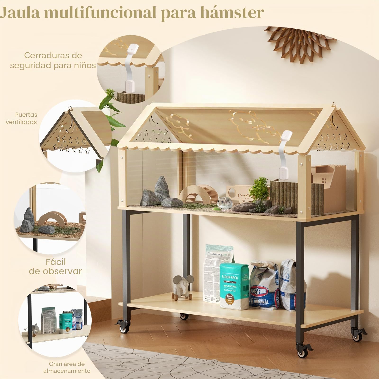 Jaula para hámster de madera, 2 niveles, jaula para roedores, animales pequeños con tapa plegable, con puentes de arco, túneles y casas de juegos, para cobayas, hámsters, 60 x 40 x 40 cm