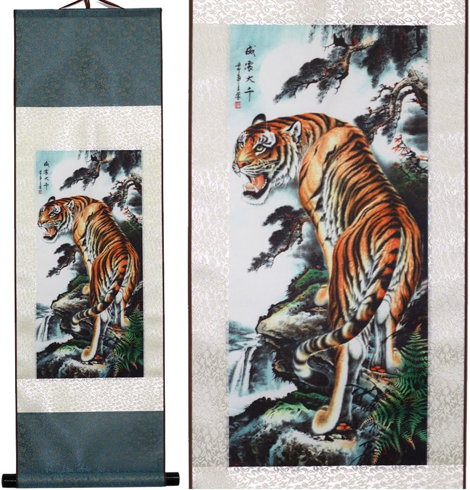 SweetHome Asian Silk Scroll & Picture Scroll & Wall Scroll Calligraphy Hanging Artwork (The Tiger is Roaring)