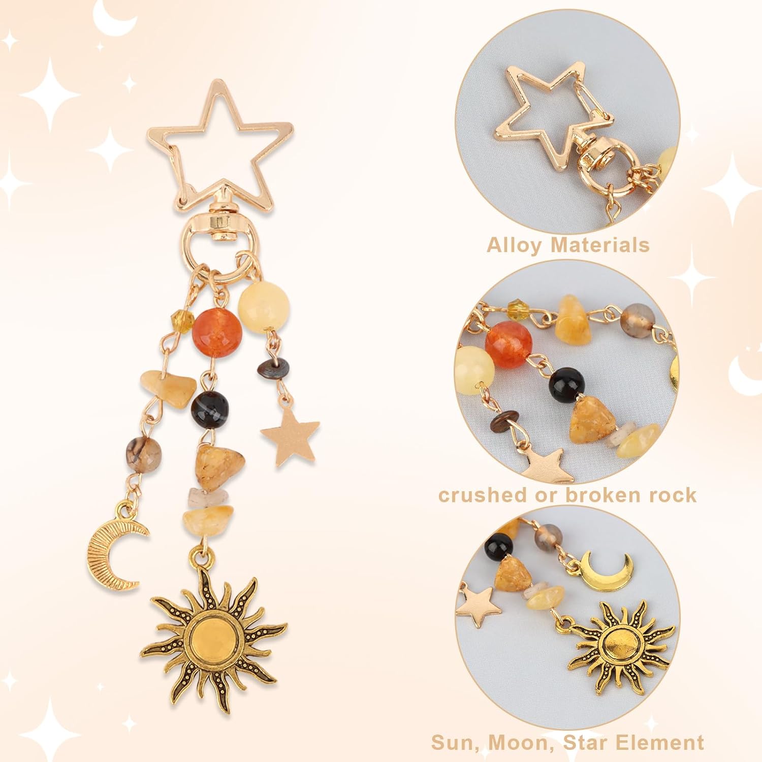 Y2K Boho Sun Moon Star Keychain - Gold Star Clasp Stone Beaded Bag Charm for Backpack Purse - Image 3