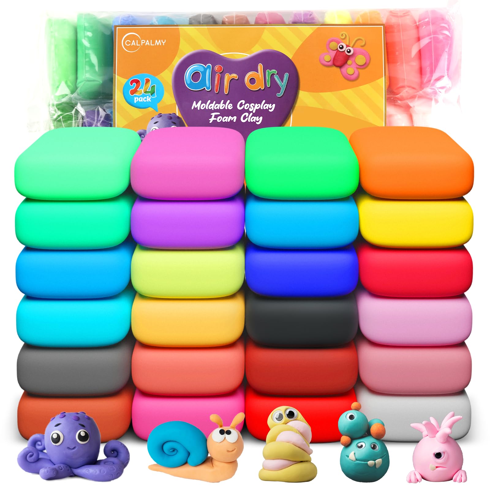 CALPALMY Air Dry Clay, 24-Pack Colors Moldable Cosplay Foam Clay for Kids Gifts Partty and School Project Supplies, Perfect for Crafts Sculpting and Artistic Projects (8.5oz/Pack)