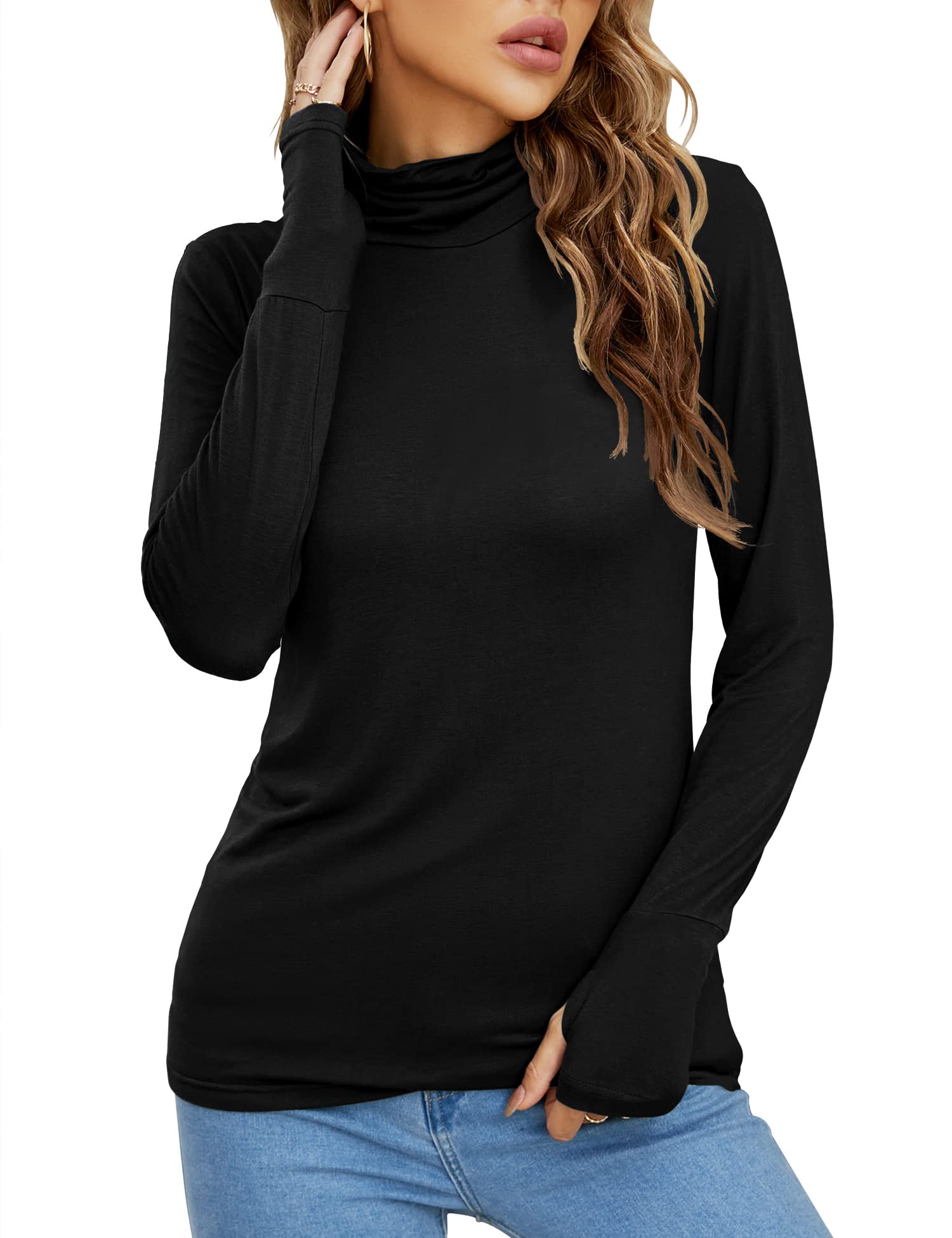 LUYAAWomen's Long Sleeve Turtleneck Lightweight Slim Active T Shirts Thumb Holes for Fall Spring Winter