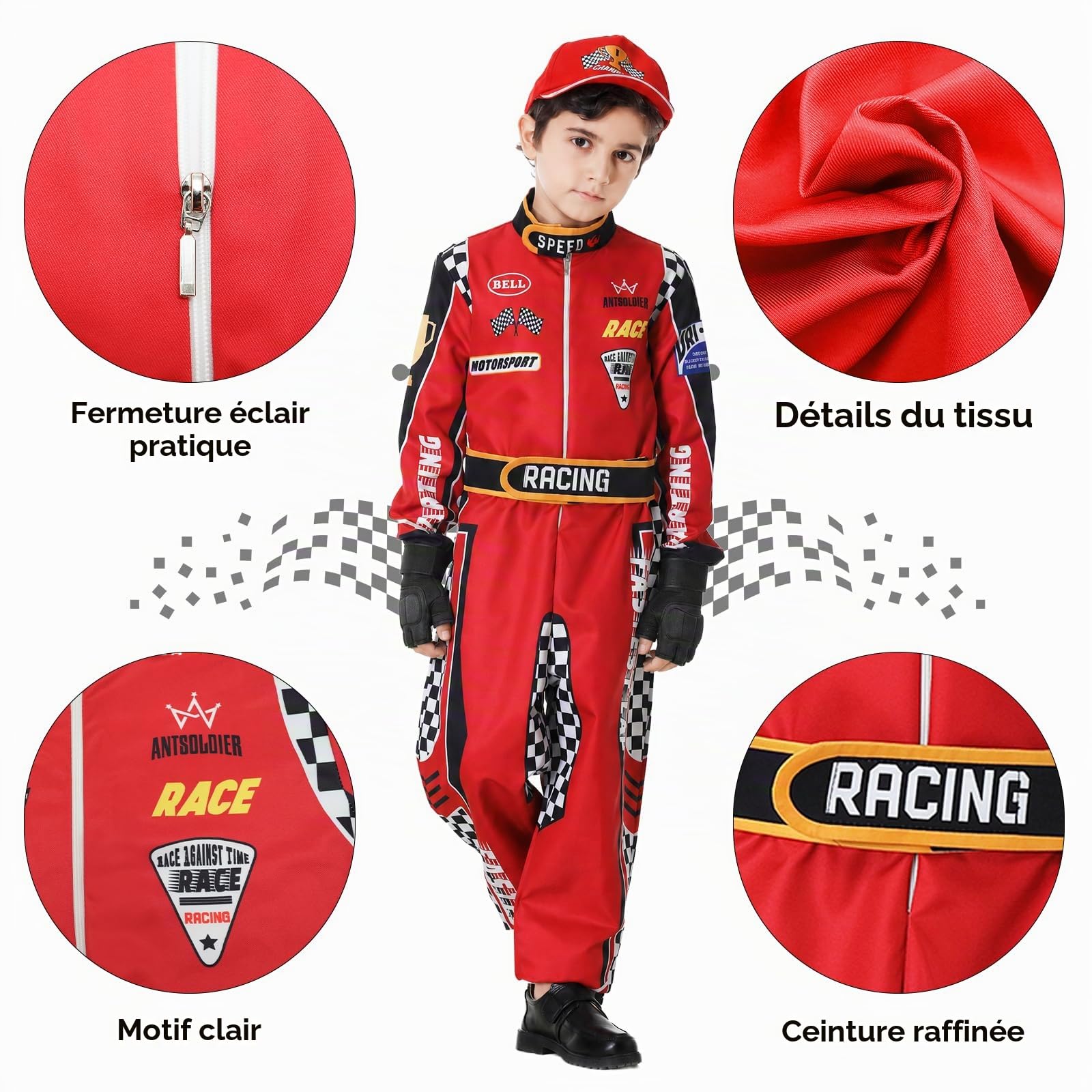 Deguisement Pilote de Course Enfant Combinaison Karting Enfant avec Casquette Costume Déguisement Pilote de Course Enfant pour Carnaval Cosplay