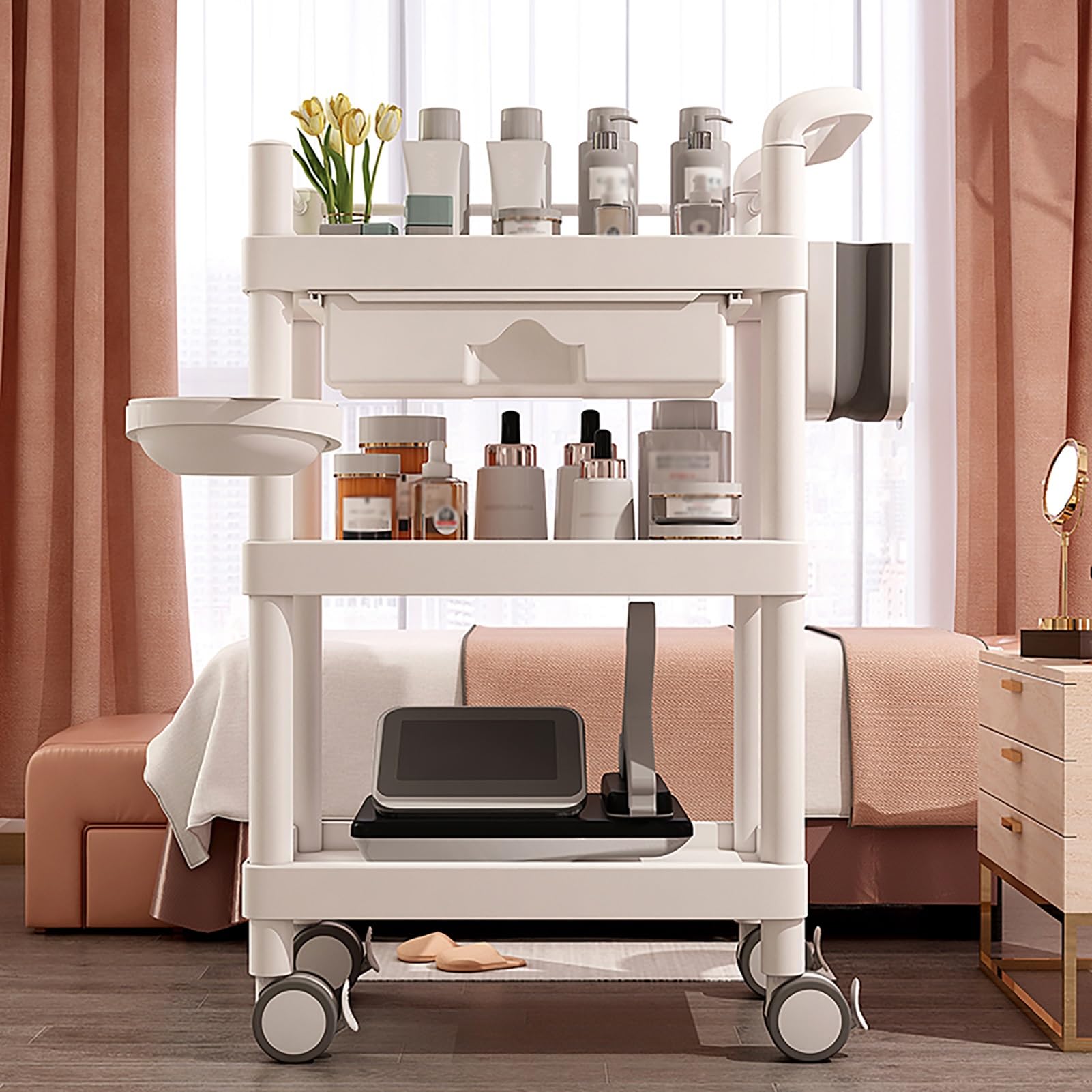 Carrito de Esteticista con Cajón Carrito Peluqueria Carrito de Belleza Carrito Auxiliar con Ruedas Carrito Organizador 3 Niveles(White)