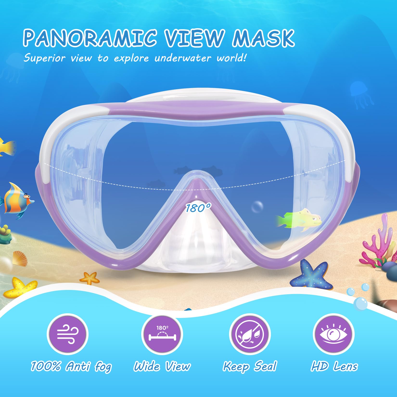 Máscara de natación para niños, gafas de natación de 180°, antivaho, a prueba de fugas, con cubierta para la nariz y correa de tela para niños de 4 a 14 años, para natación, esnórquel y buceo