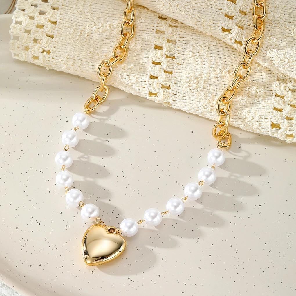 Long Gold Heart Pearls Pendant Necklace for Women,Layered Puffy Love Pearl Link Chain Necklaces,Personalized Valentine's Day Jewelry Accessories Gifts - Image 5