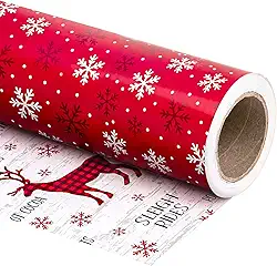 WRAPAHOLIC Rolo de papel de embrulho reversível de Natal - Mini rolo - 43 cm x 80 metros - Papel de embrulho de rena vermelha branca e floco de neve para Natal, férias, festa
