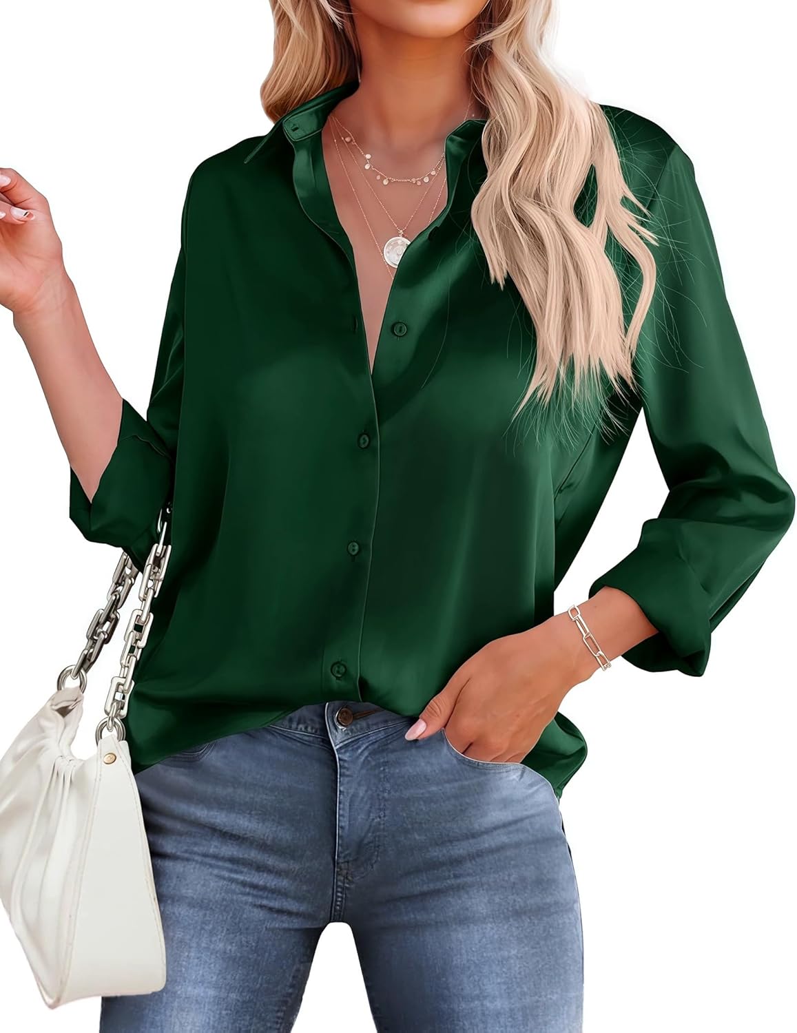 HOTOUCH Button Down Shirts for Women Satin Silk Collared Dressy Casual Blouses Loose Long Sleeve Office Work Tops