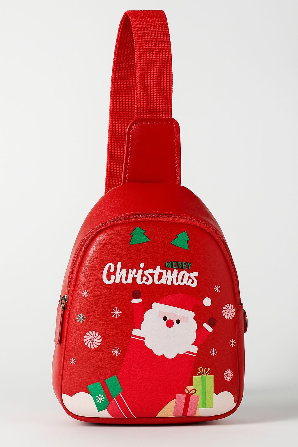 GlitreepropsKids Red Christmas Sling Bag, Mini Crossbody Backpack with Santa, Snowflake & Reindeer Print, Adjustable Strap, 17x13x6.5 cm-image-29
