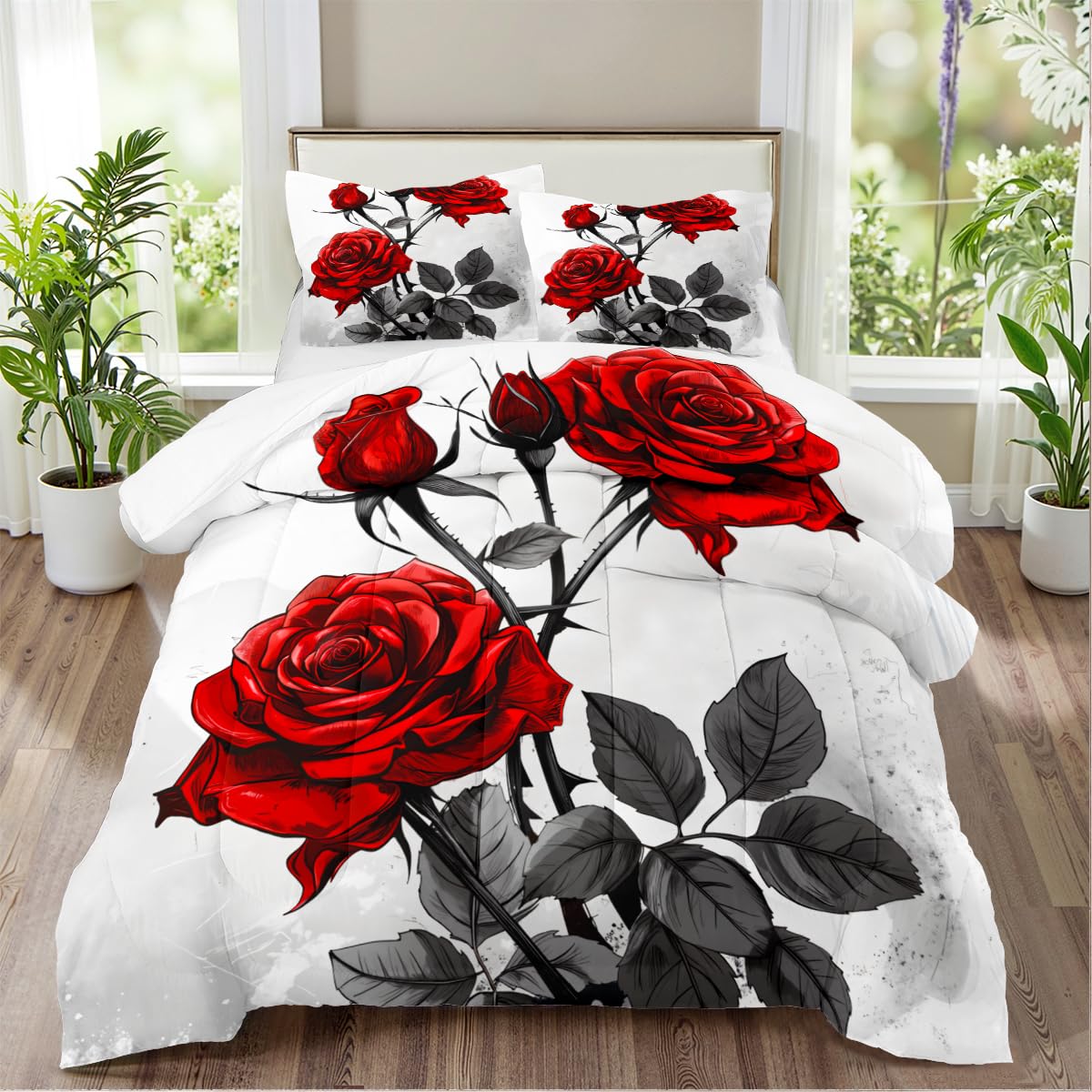 CCoutueChen Red Rose Comforter Set Queen Blooming Flower Bedding Set for Girls Chic Aesthetic Soft Down Comforter with 2 Pillowcases