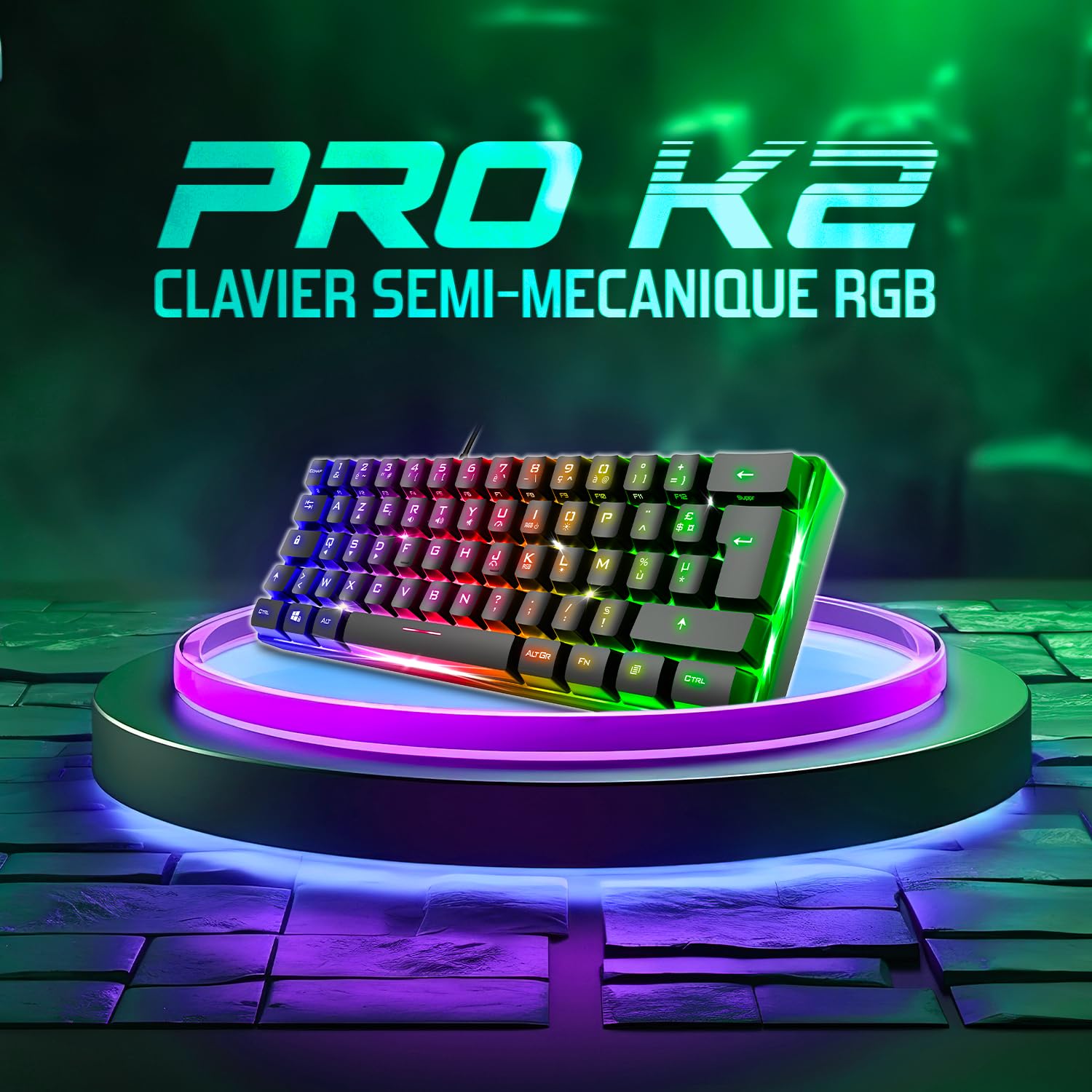 Spirit Of Gamer - Pro K2, Clavier Gamer Filaire Semi-Mecanique, Format Compact TKL 60%, 62 Touches Dont 24 Anti-Ghosting, Rétro-éclairage RGB Arc-en-Ciel, Hauteur réglable, Noir