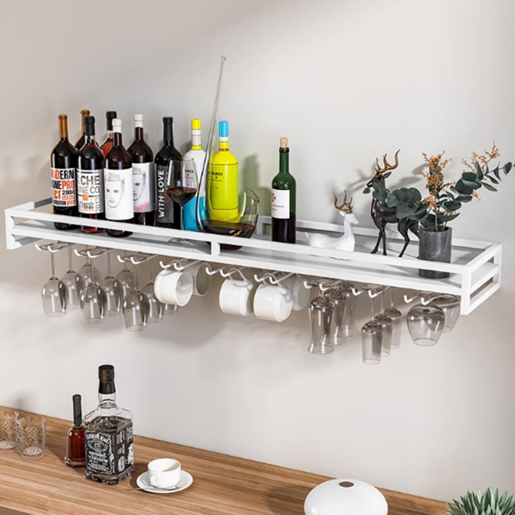 Présentoir à vin mural blanc 80x20cm avec porte-verre pour cuisine