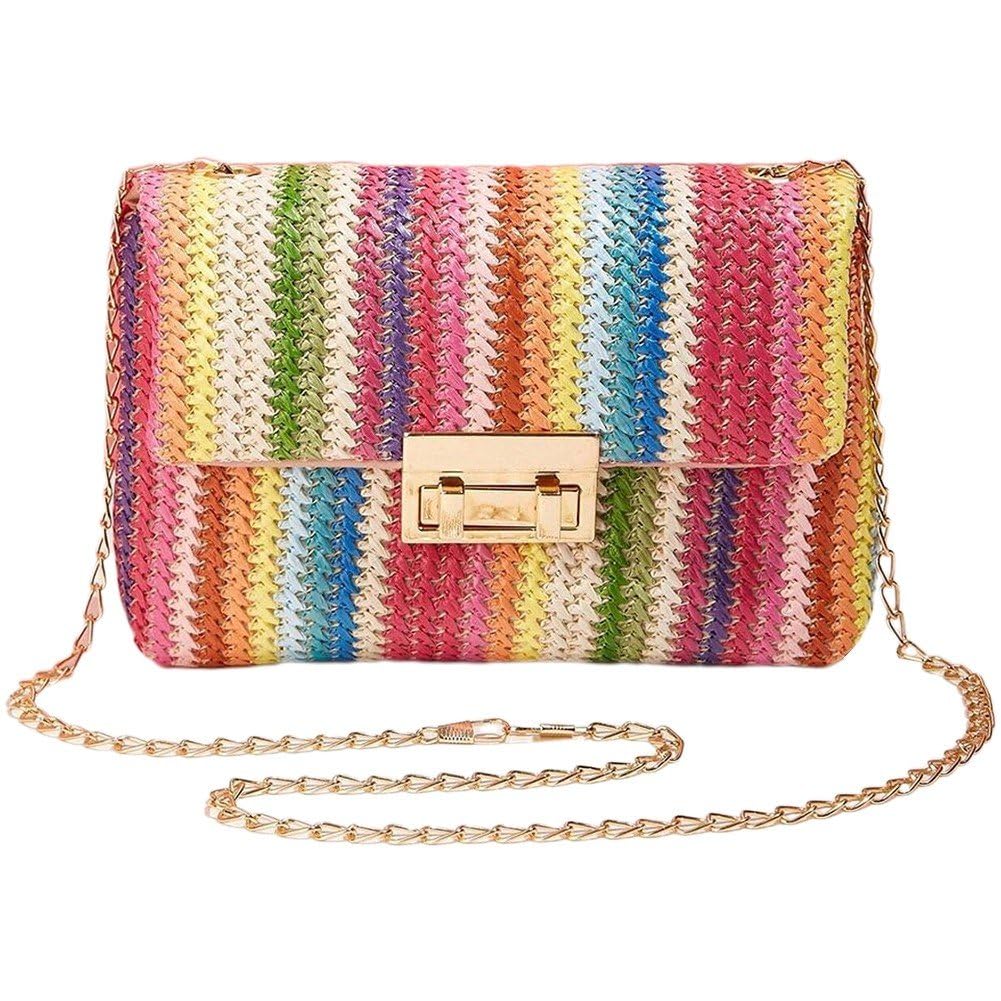 Danlai Women's Style1 Multi Colored Striped Straw Handbag Casual Summer Shoulder Bag Beach Rainbow Crossbody Weave Messenger Bag For