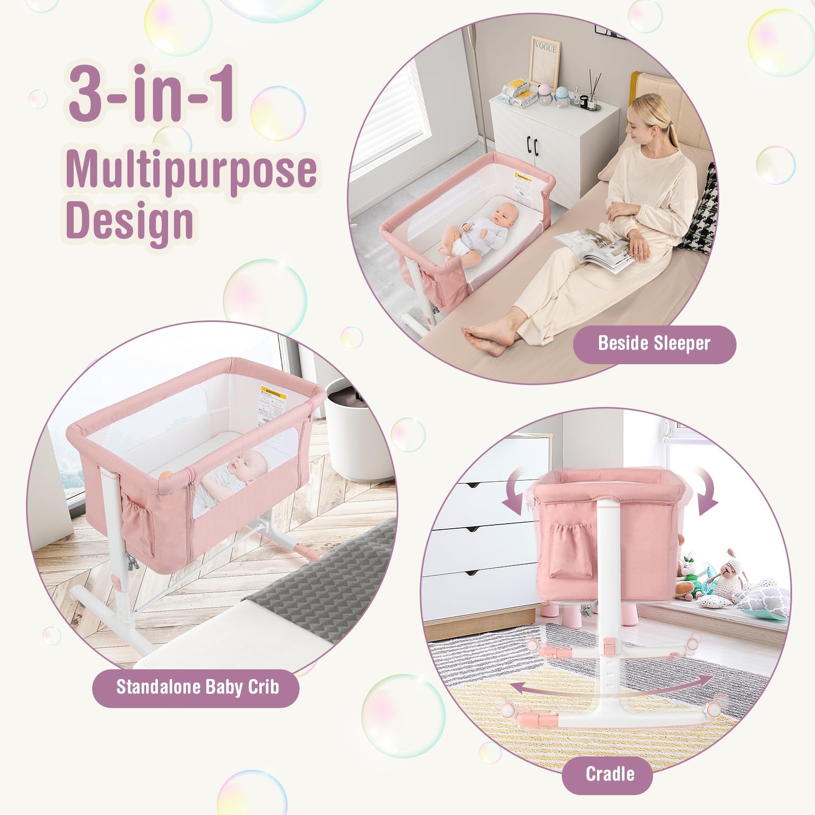 LIFEZEAL Berceau Cododo avec Roues Universelles et Matelas, Lit Parapluie Hauteur Réglable en 5 Positions, Lit d'Appoint avec Poche Latérale et Sac de Transport, 0-5 Mois (Rose)