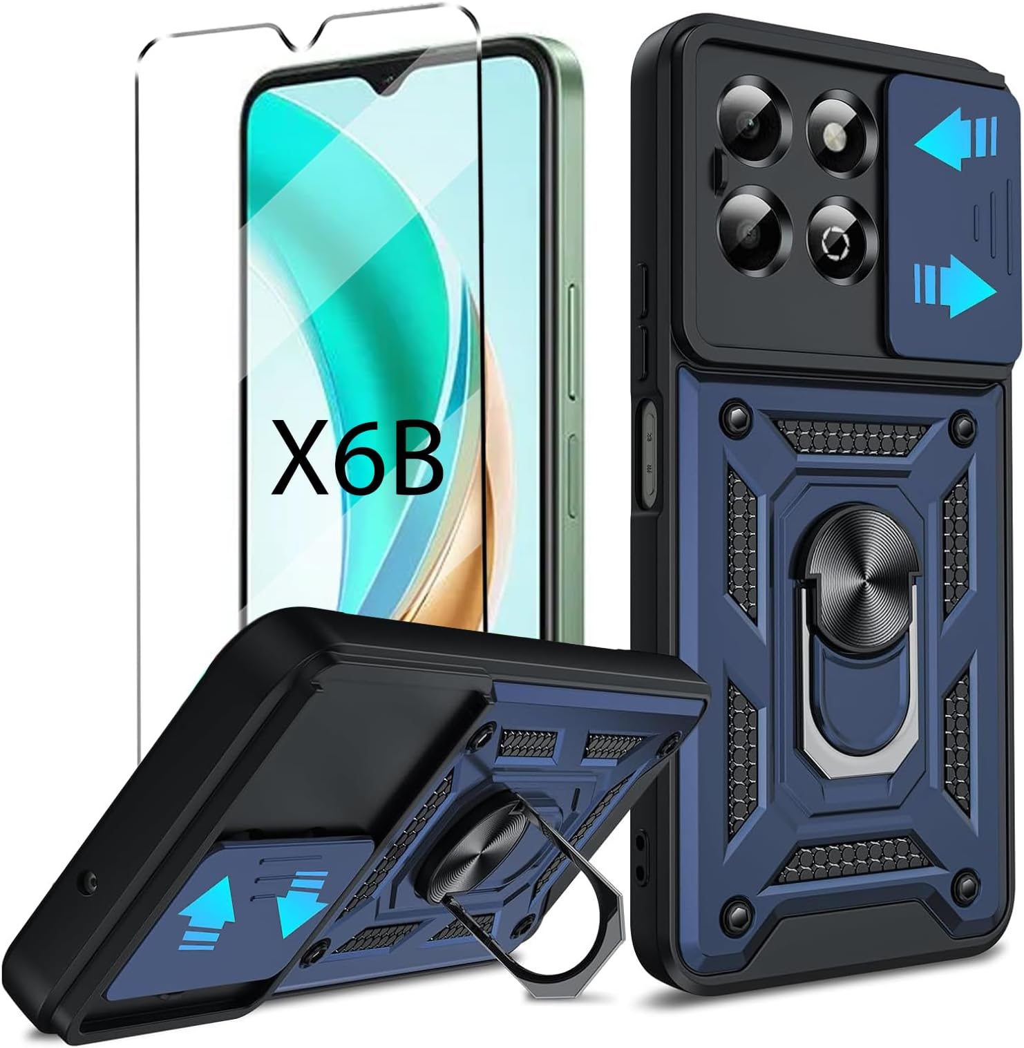 Honor X6B 2-in-1 Tempered Glass Case with Slide Camera Protection, Screen Protector, Heavy Duty Military Grade Protective Cover, Phone Holder, Blue