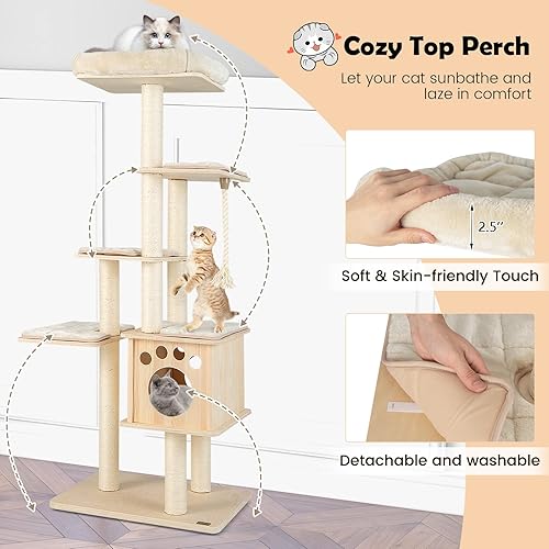 Miniatura 4 de PETSITE Torre de árbol para gatos de 67 pulgadas de alto para gatos de interior, centro de actividades moderno de varios niveles con percha
