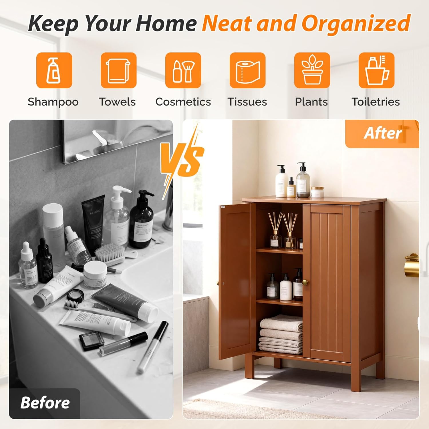 Bonnlo Free Standing Bathroom Storage Cabinet, Rustic Brown Floor Cabinet with Doors, Small Wooden Accent Sideboard Console for Entryway, Kitchen, Living Room Organization, 31.5" H