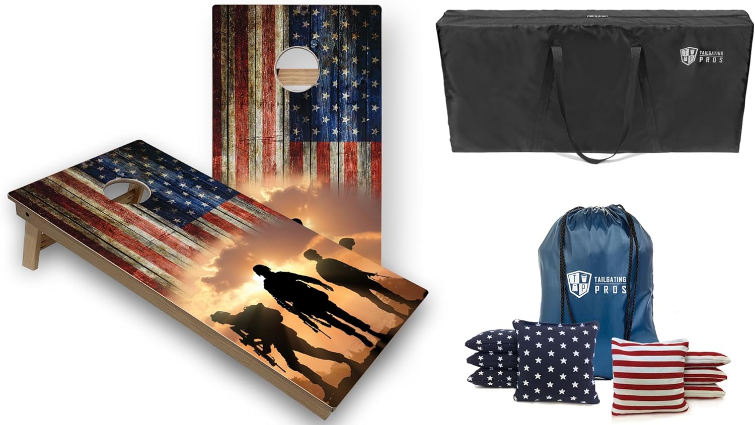 Tailgating Pros Tournament Grade American Themed Cornhole Board Set w/Bean Bags and Carrying Case - 4'x2' Cornhole Set