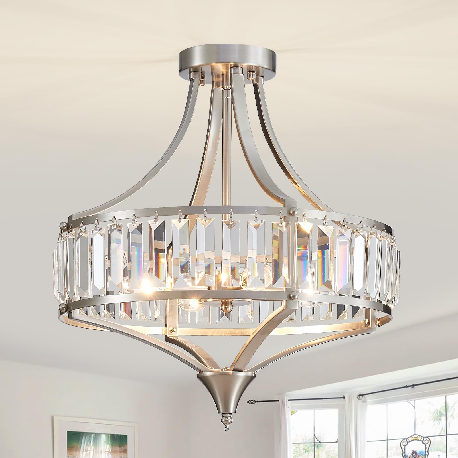 Majhoiw Rustic Ceiling Lighting Fixtures, 4-Light Crystal Chandelier D40cm Brush Nickel Round Light Country Style Lamp for Dining Room, Kitchen, Entryway, Foyer