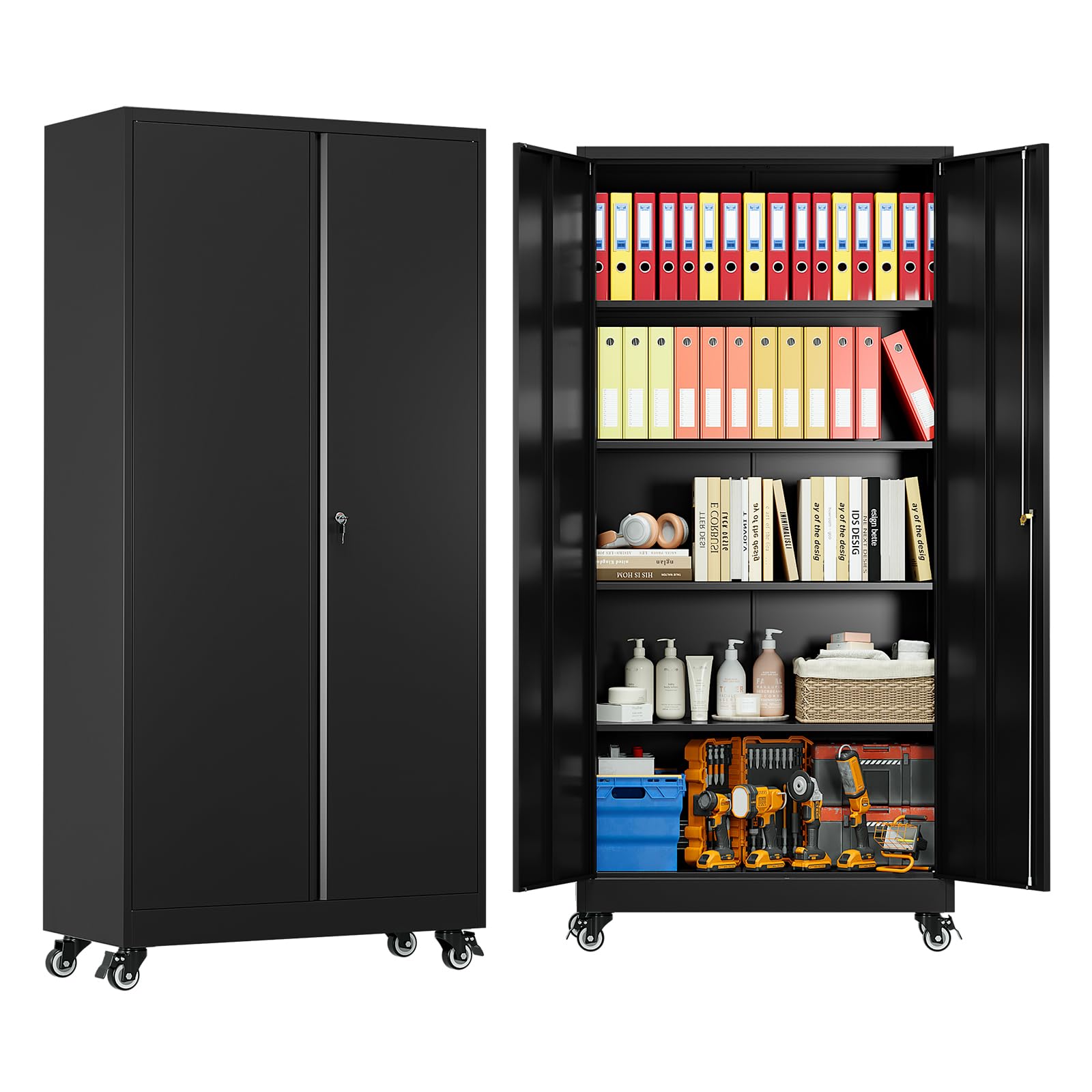 Sightlife Metal Filing Cabinet with 2 Doors Tall Metal Storage Cabinet with Wheels and 4 Adjustable Shelves Steel Storage Cabinet Black Lockable Metal Cabinets for Home Office