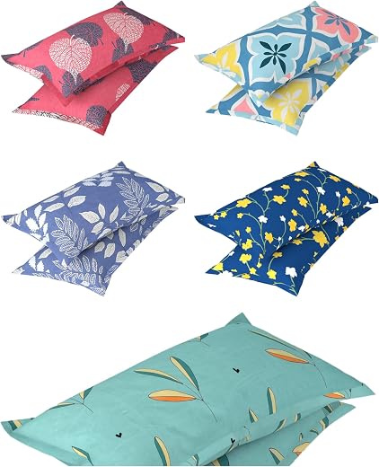 VAS COLLECTIONS 10 Pcs Cotton Floral Pillow Cover Set (5 Pairs) | 180 TC Supersoft Brushed Microfiber - Breathable &amp; Wrink...