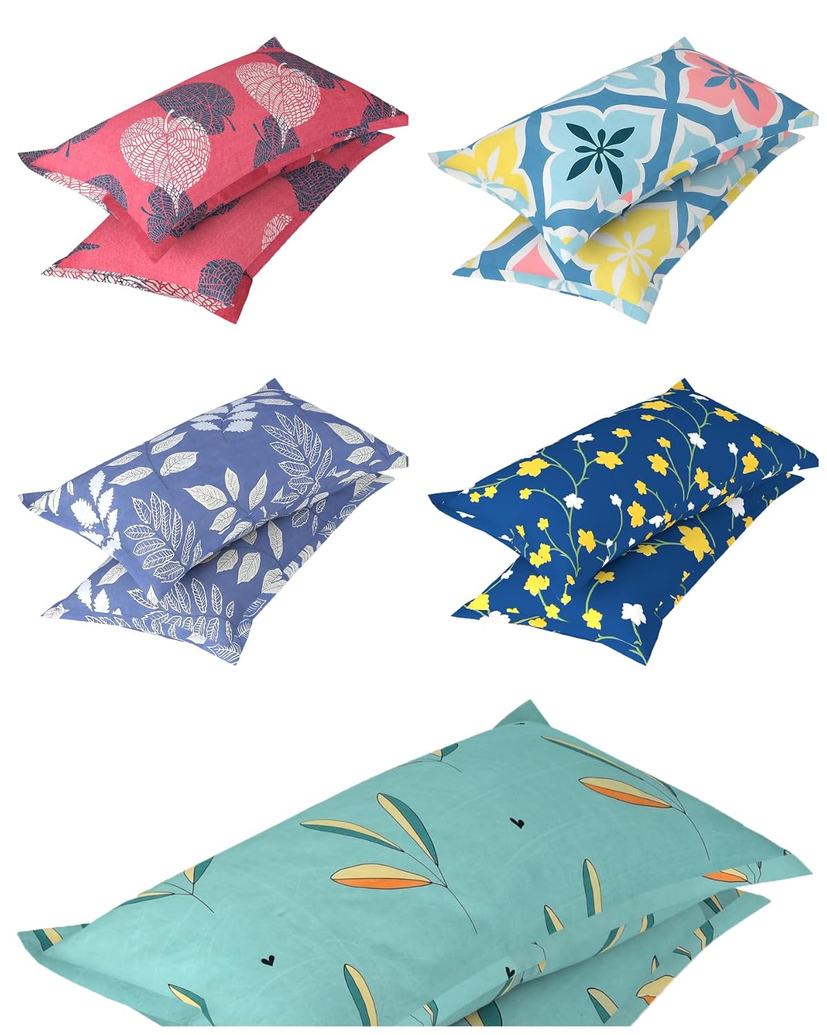 VAS COLLECTIONS 10 Pcs Cotton Floral Pillow Cover Set (5 Pairs) | 180 TC Supersoft Brushed Microfiber - Breathable & Wrink...