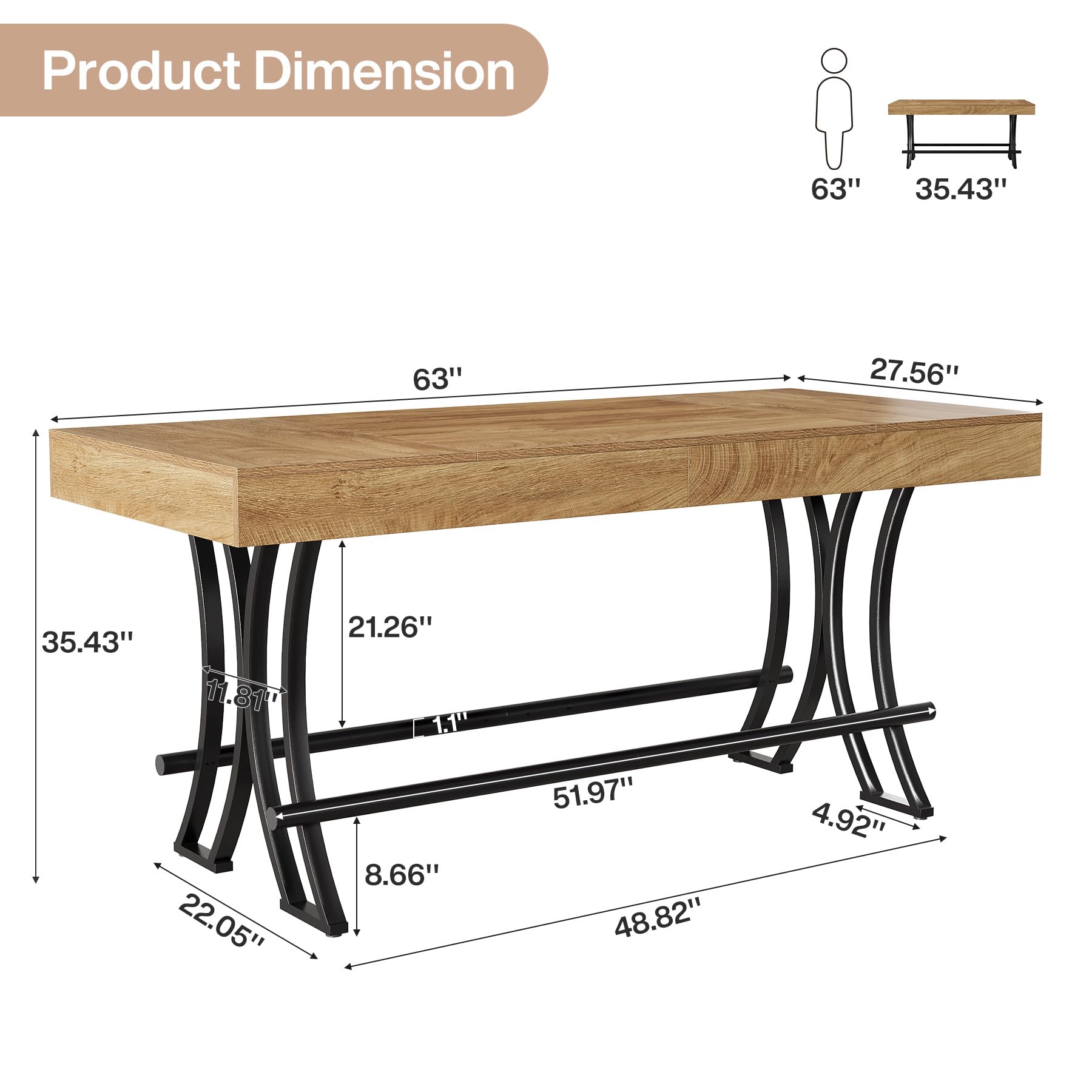 Tribesigns 160 cm Bartisch & Stehtisch, Landhaus Esstisch für 4-6 Personen, mit Fußstütze (Metallring), für Küche/Wohn-/Esszimmer – 160x70x90 cm (nur Tisch)