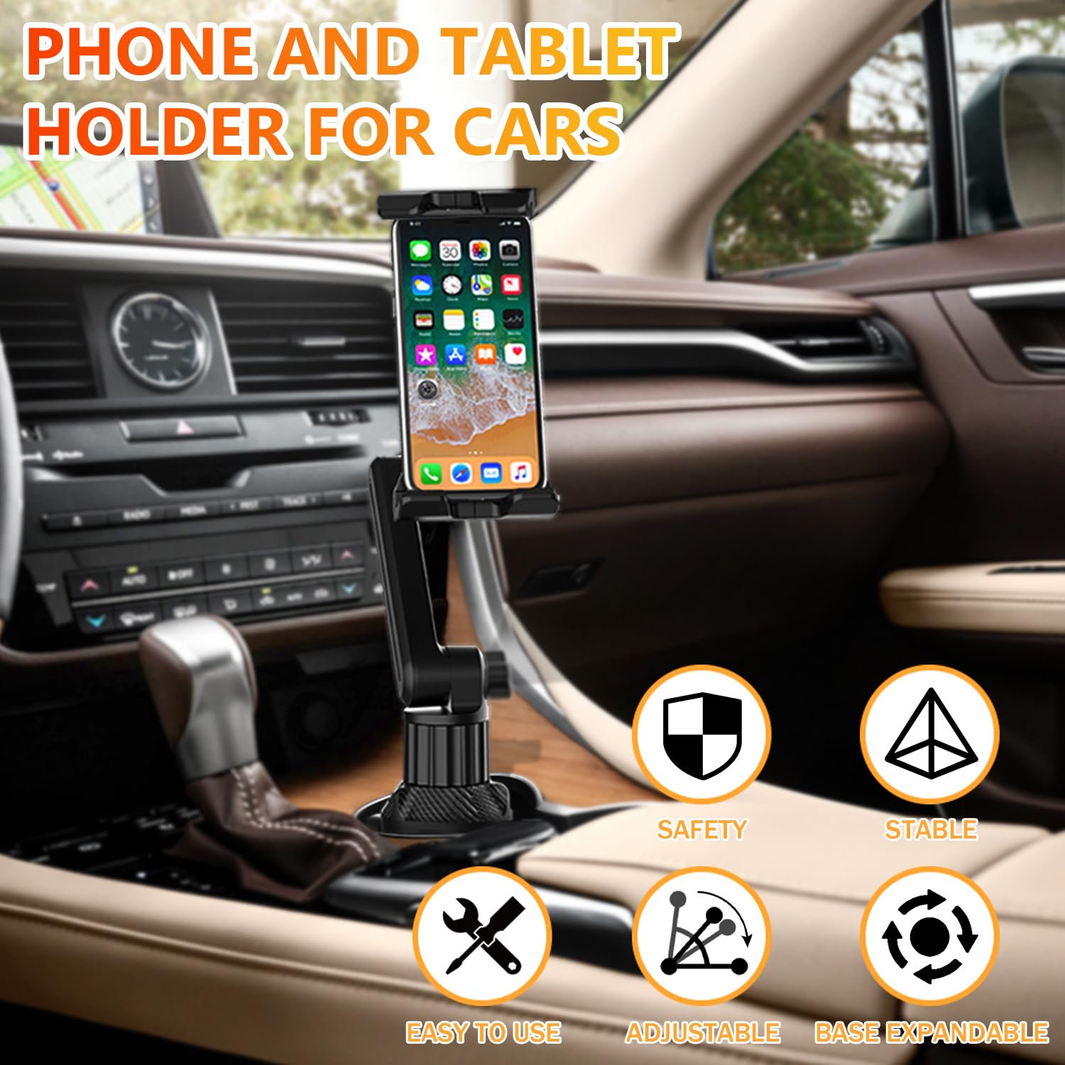 WUITIN Getränkehalter fürs Auto, Tablet-Halterung für Auto, 360° verstellbar, 38,1 cm lang, 2-Arm-Ständer für iPad, Samsung Galaxy Tab/Z Fold 4/3, iPhone 15/14/Pro, 11,9–32,8 cm Tab und Handy
